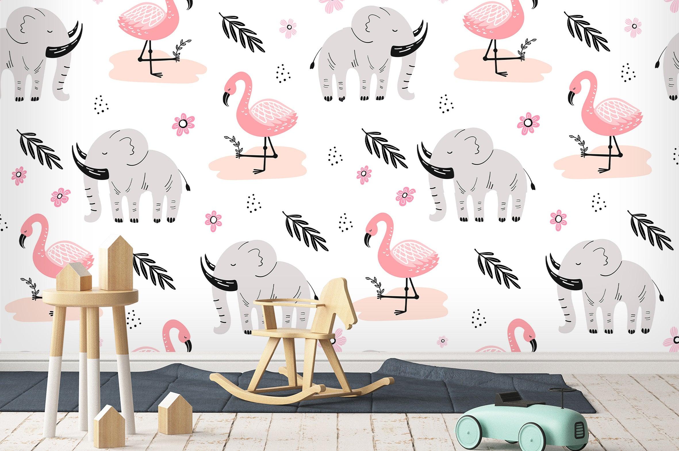 3D Pink Flamingo Grey Elephant Wall Mural Wallpaper 11- Jess Art Decoration