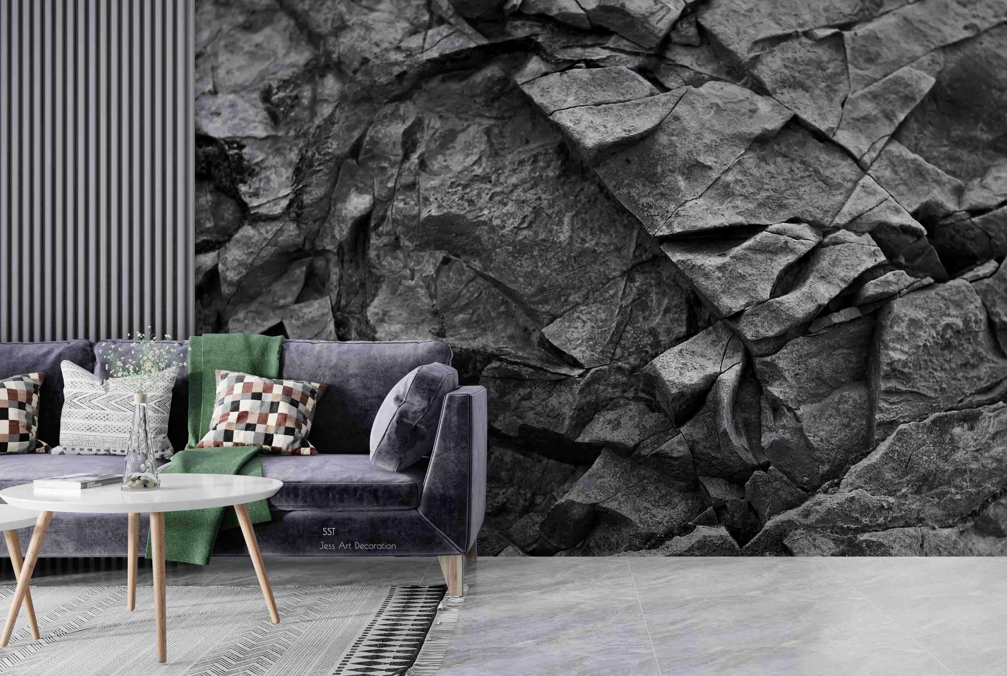 3D Black Slate Rock dark slate rock texture wall mural wallpaper for dining room - view 2