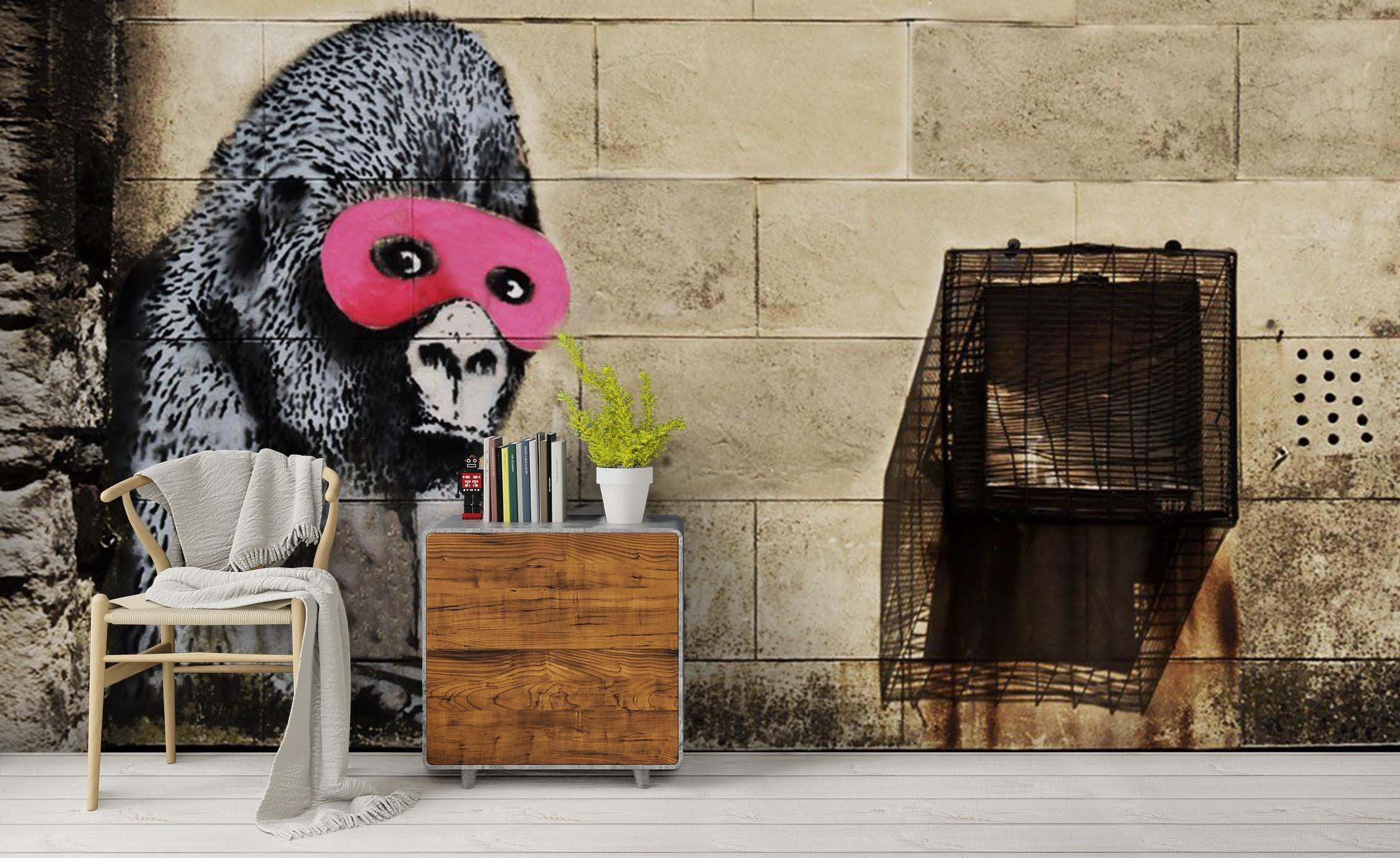 3D Banksy Gorilla Pink Mask Wall Mural Wallpaper ZY D28- Jess Art Decoration