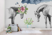 3D Horse Flowers Bird Wall Mural Wallpaper SF30- Jess Art Decoration