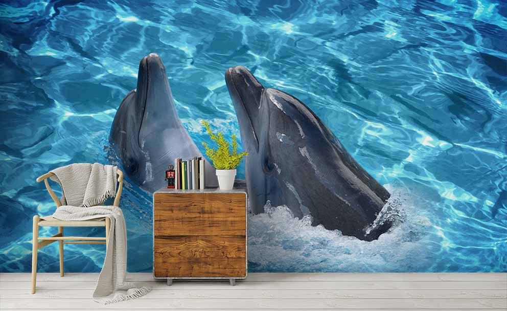 3D Blue Sea Dolphin Wall Mural Wallpaper 171- Jess Art Decoration