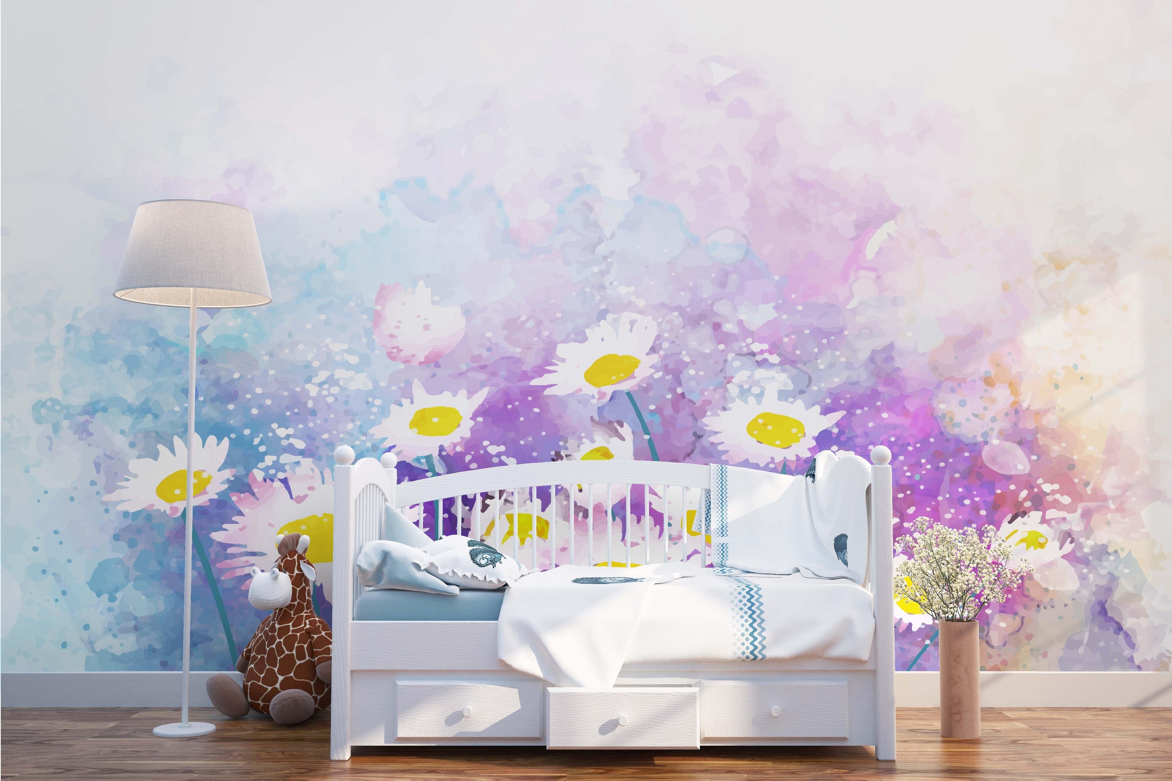 3D Watercolor White Daisy Purple Wall Mural Wallpaper 26- Jess Art Decoration