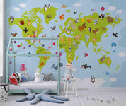 3D Cartoon Animal Map World Wall Mural Wallpaper SWW4483- Jess Art Decoration