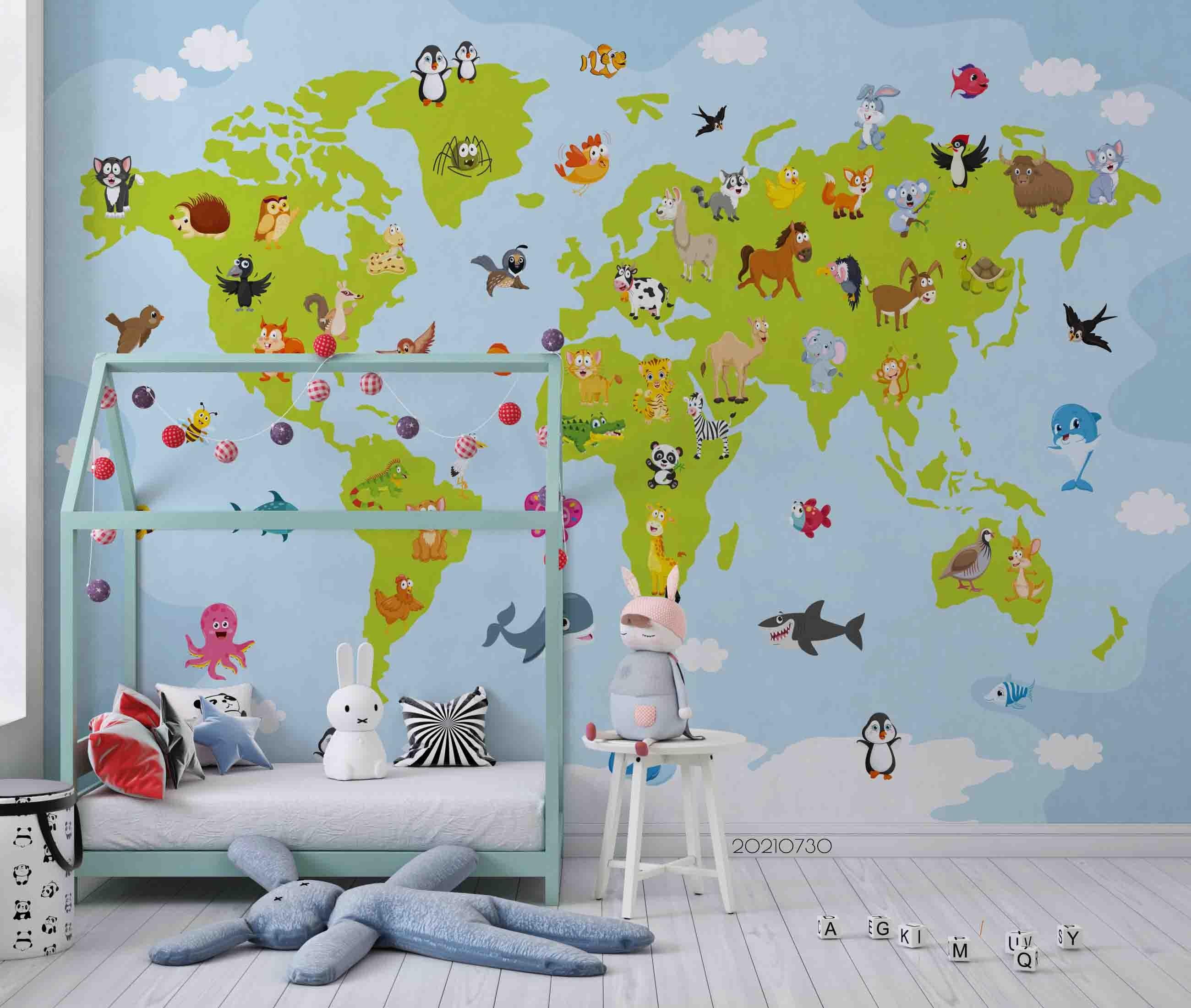 3D Cartoon Animal Map World Wall Mural Wallpaper SWW4483- Jess Art Decoration