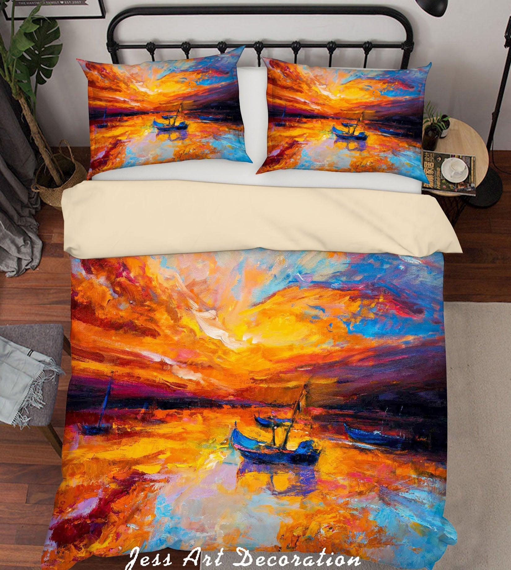 3D Sky Lake Boat Orange Oil Painting Quilt Cover Set Bedding Set Duvet Cover Pillowcases A056 LQH- Jess Art Decoration