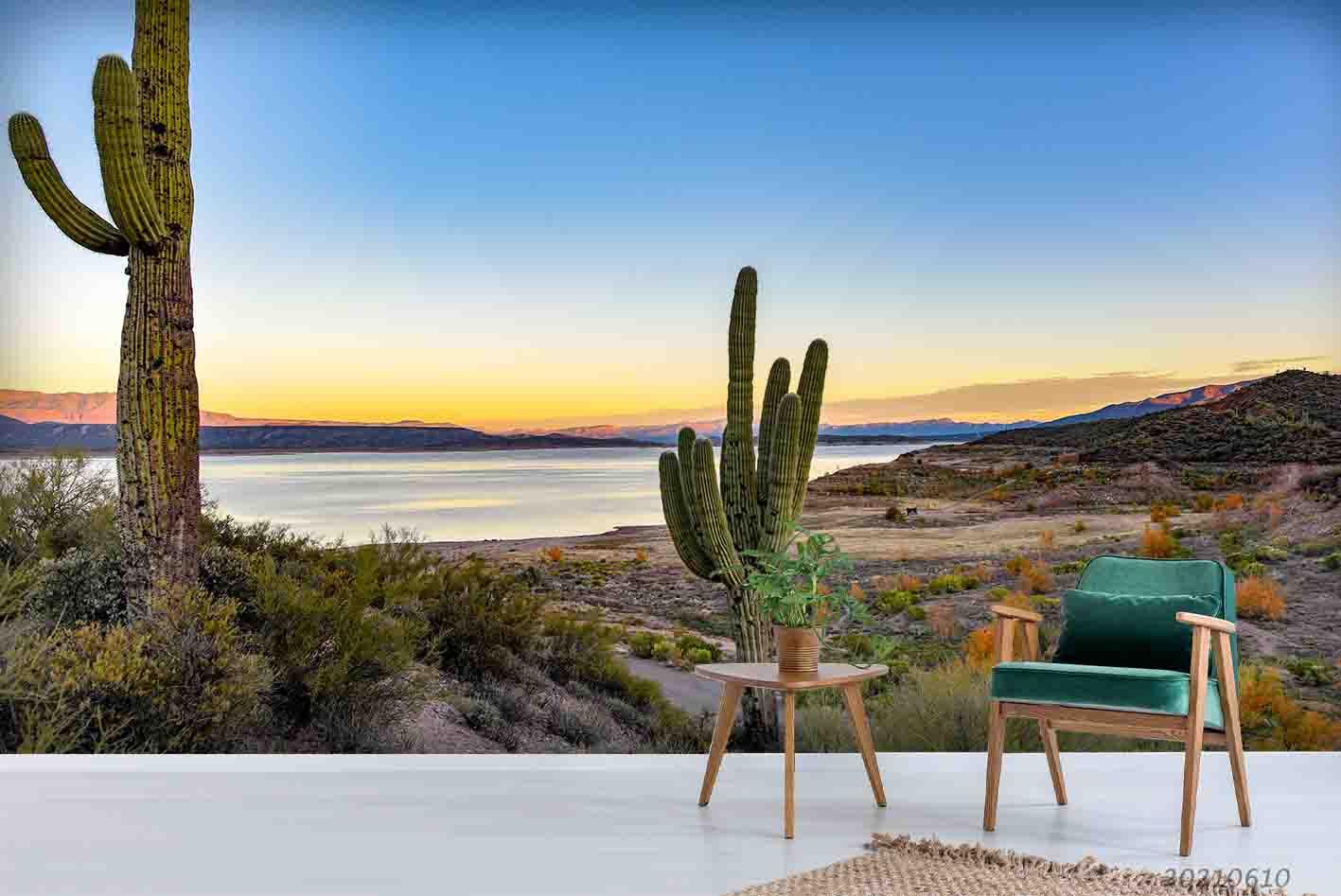 3D Desert Lakes Cactus Blue Sky  Setting Sun Wall Mural Wallpaper SWW1879- Jess Art Decoration