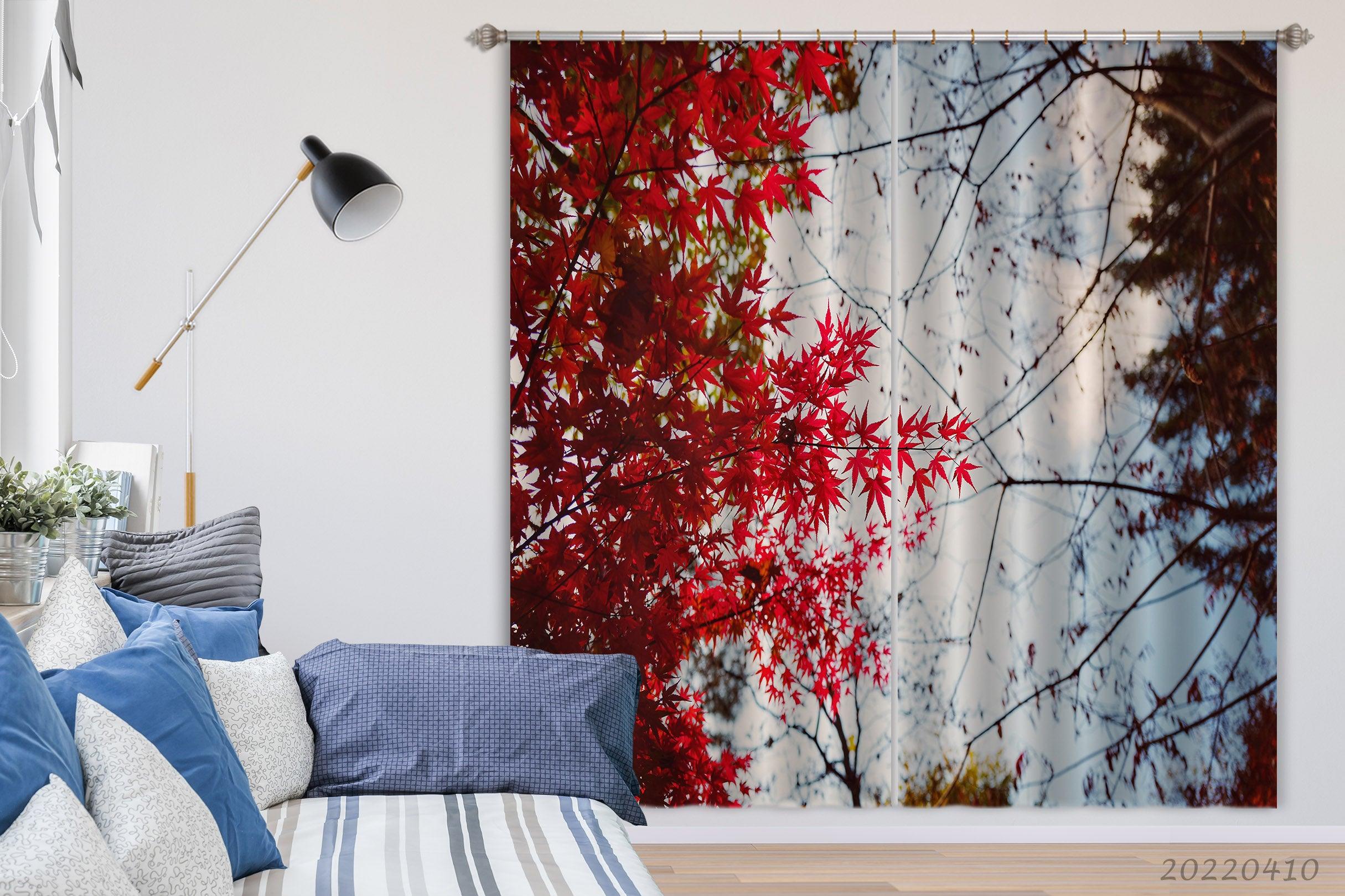 3D Autumn Red Maple Leaf Woods Branch Curtains and Drapes GD 3811- Jess Art Decoration