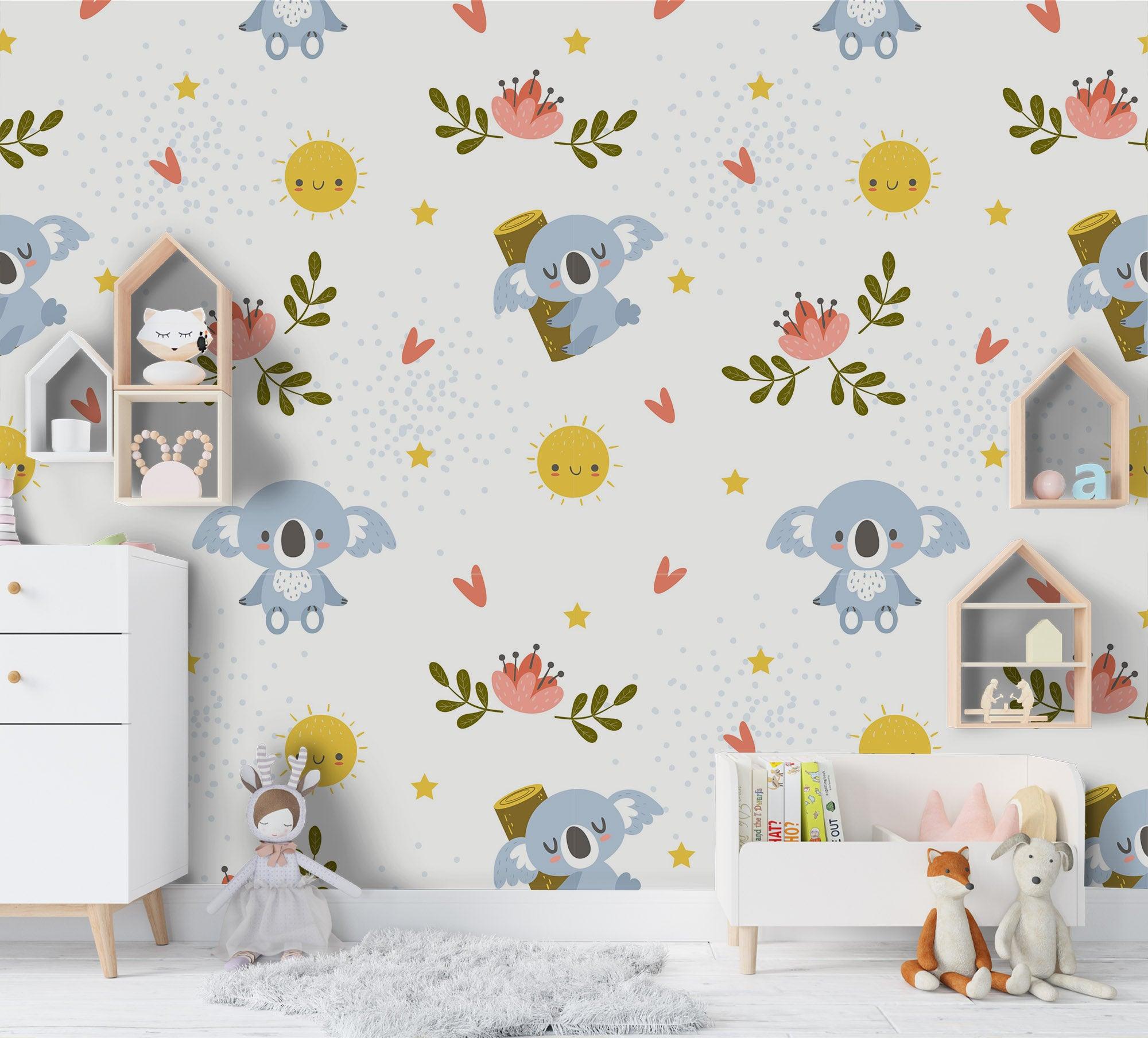 3D Grey Koala Pink Floral Wall Mural Wallpaper 41- Jess Art Decoration