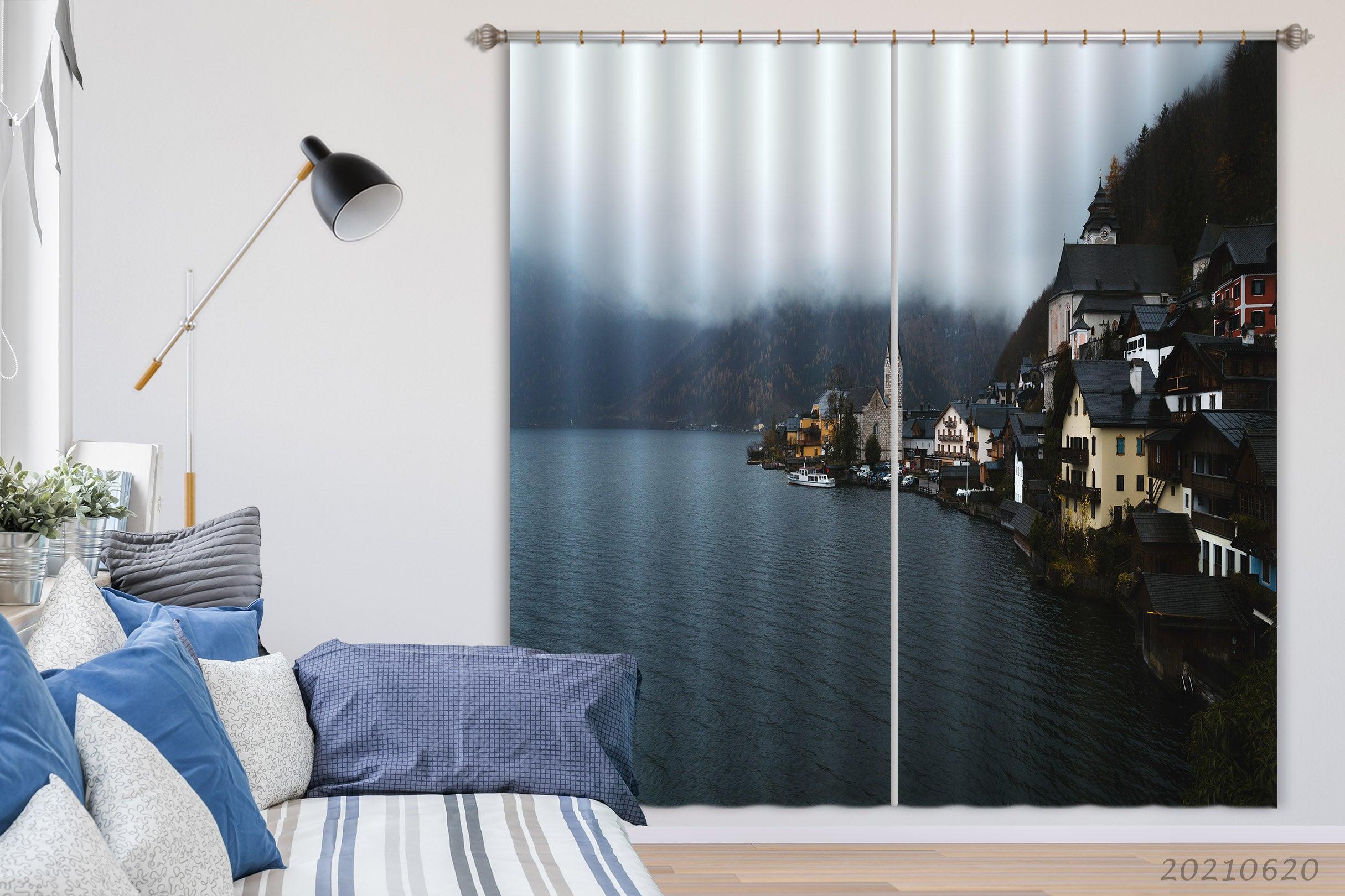 3D Lake Mountain Town Building Misty Curtains and Drapes GD 797- Jess Art Decoration