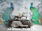 3D Hand Drawn Retro Nostalgic Blue Green Peacock Flower Butterfly Background Wall Mural Wallpaper GD 1894- Jess Art Decoration