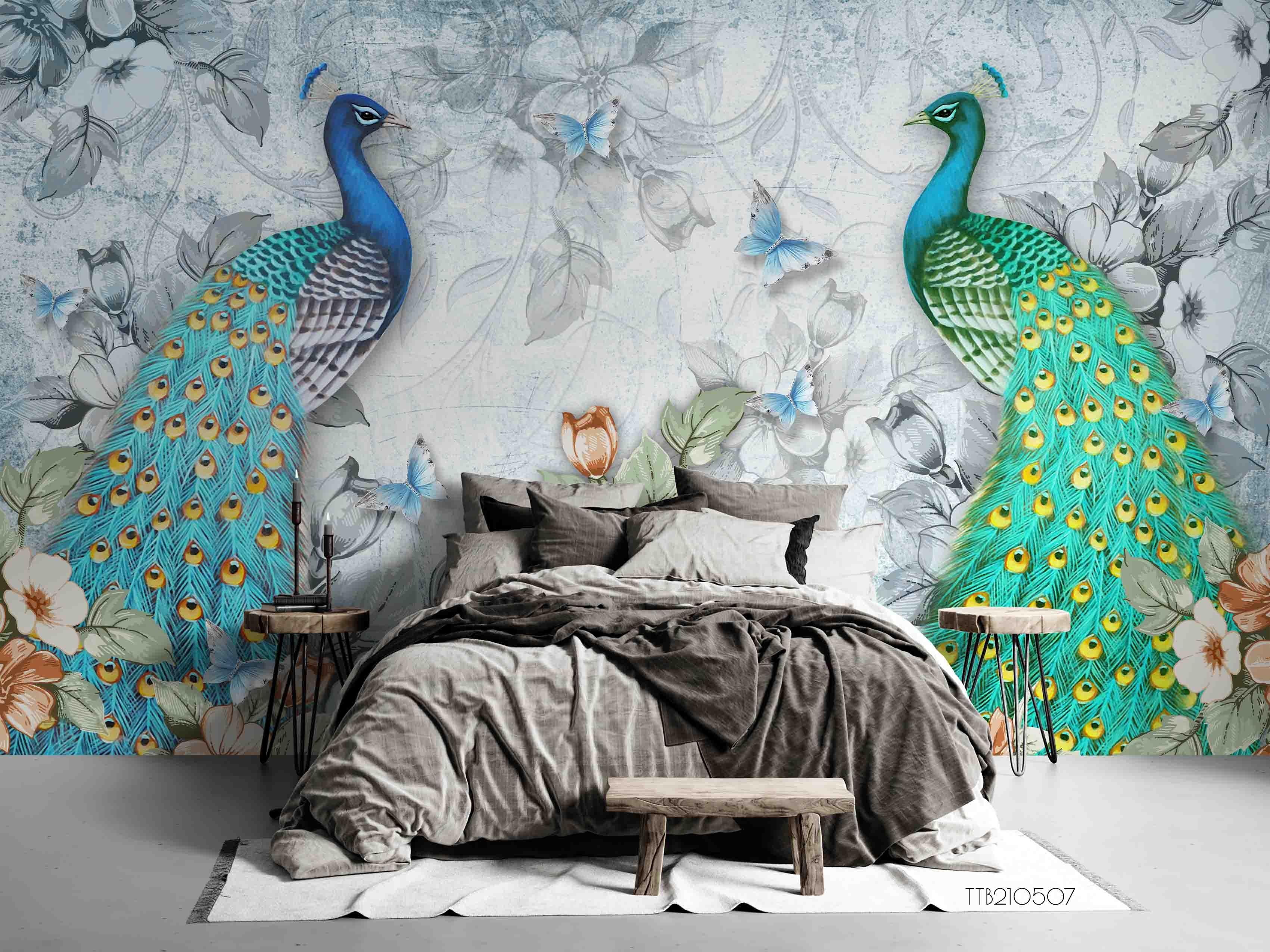 3D Hand Drawn Retro Nostalgic Blue Green Peacock Flower Butterfly Background Wall Mural Wallpaper GD 1894- Jess Art Decoration