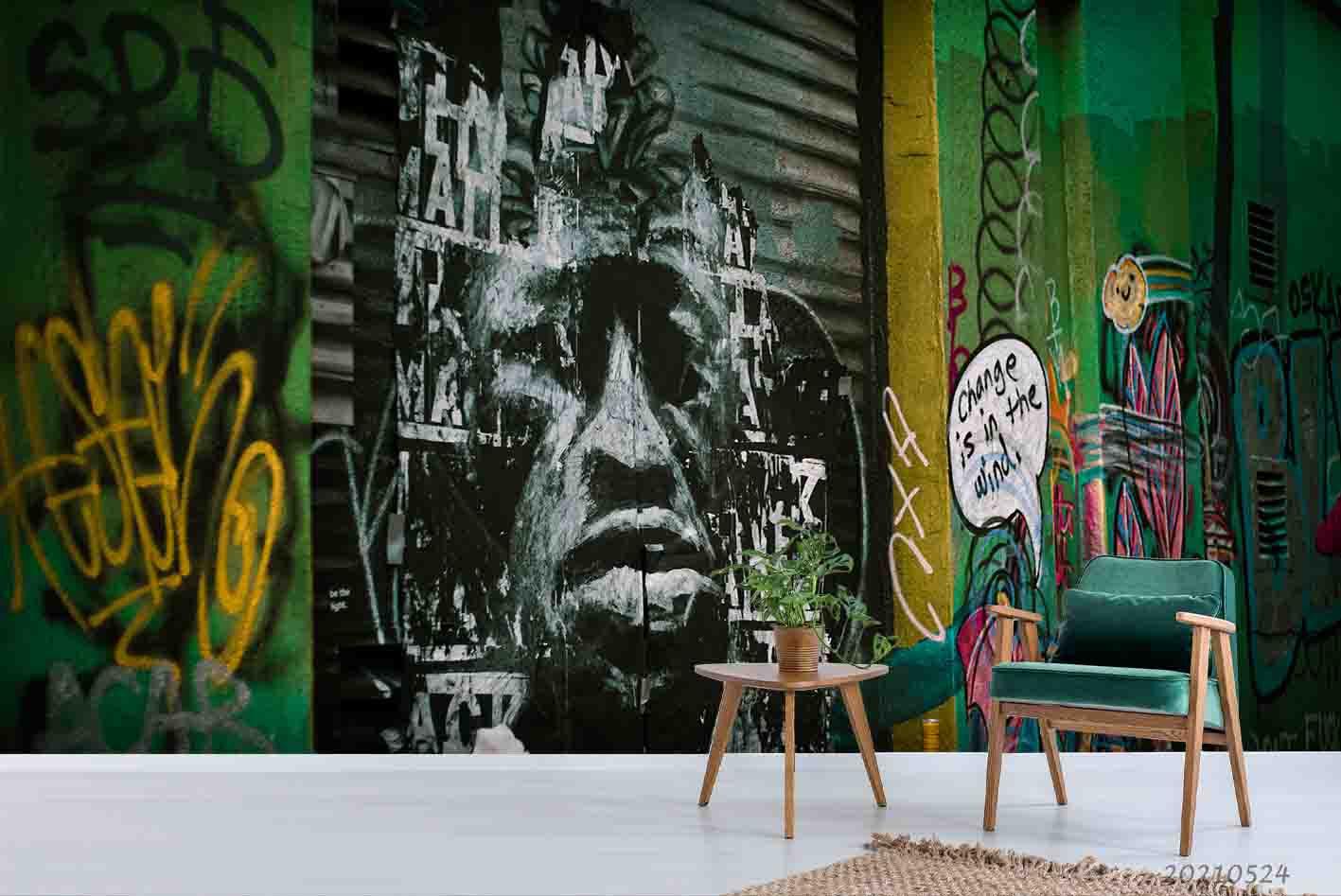 3D Abstract Graffiti Green Man Freedom Damaged Sign Wall Mural Wallpaper SWW170- Jess Art Decoration