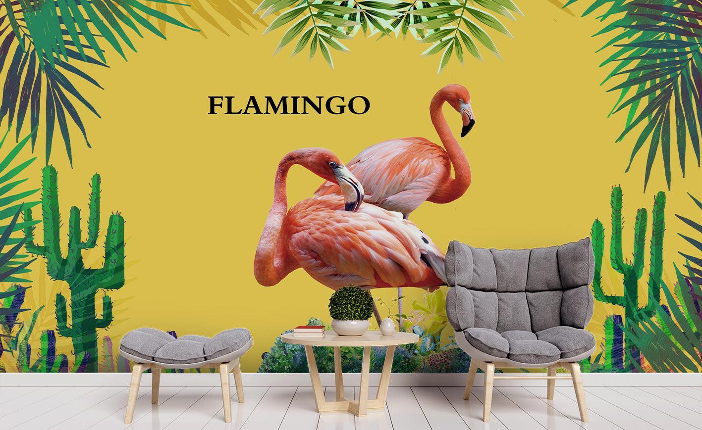 3D Tropical Green Leaf Flamingo Wall Mural Wallpaper LQH 50- Jess Art Decoration