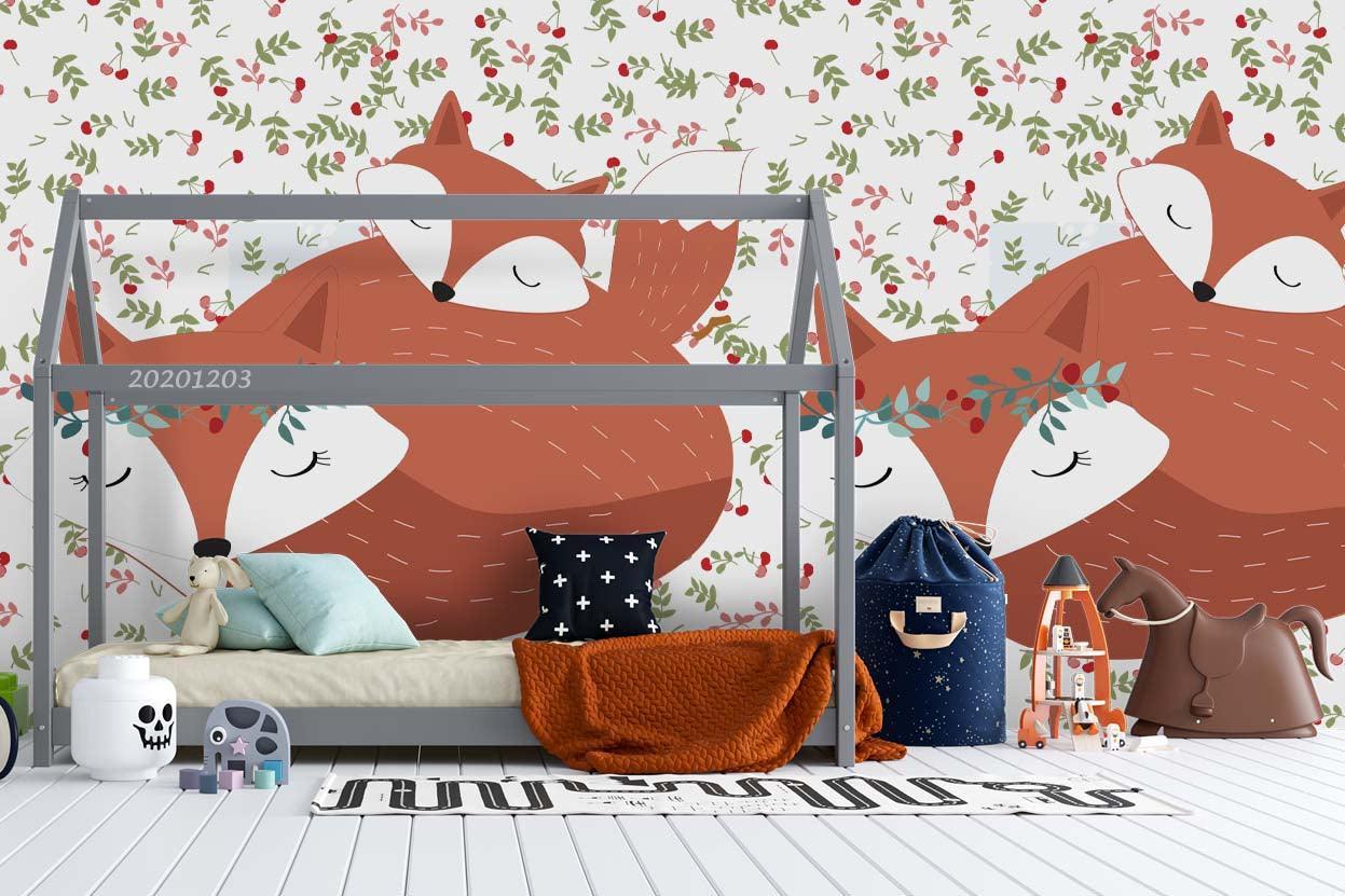 3D Cartoon Fox Animal Floral Leaves Plant Pattern Wall Mural Wallpaper LXL- Jess Art Decoration