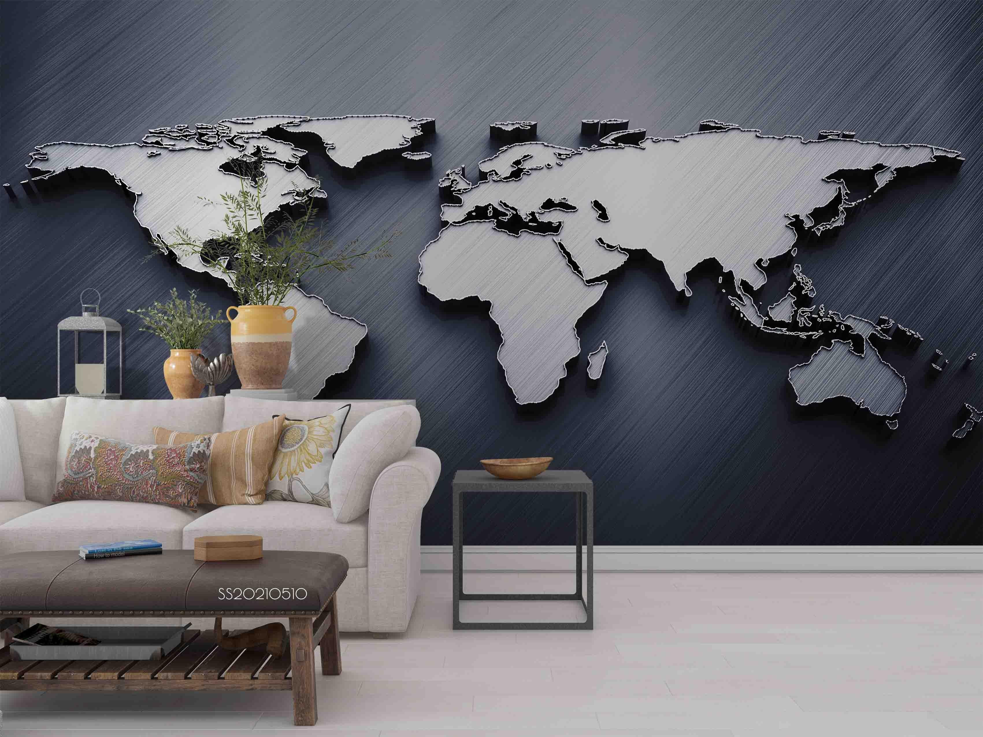 3D Grey World Map Wall Mural Wallpaper LQH 267- Jess Art Decoration