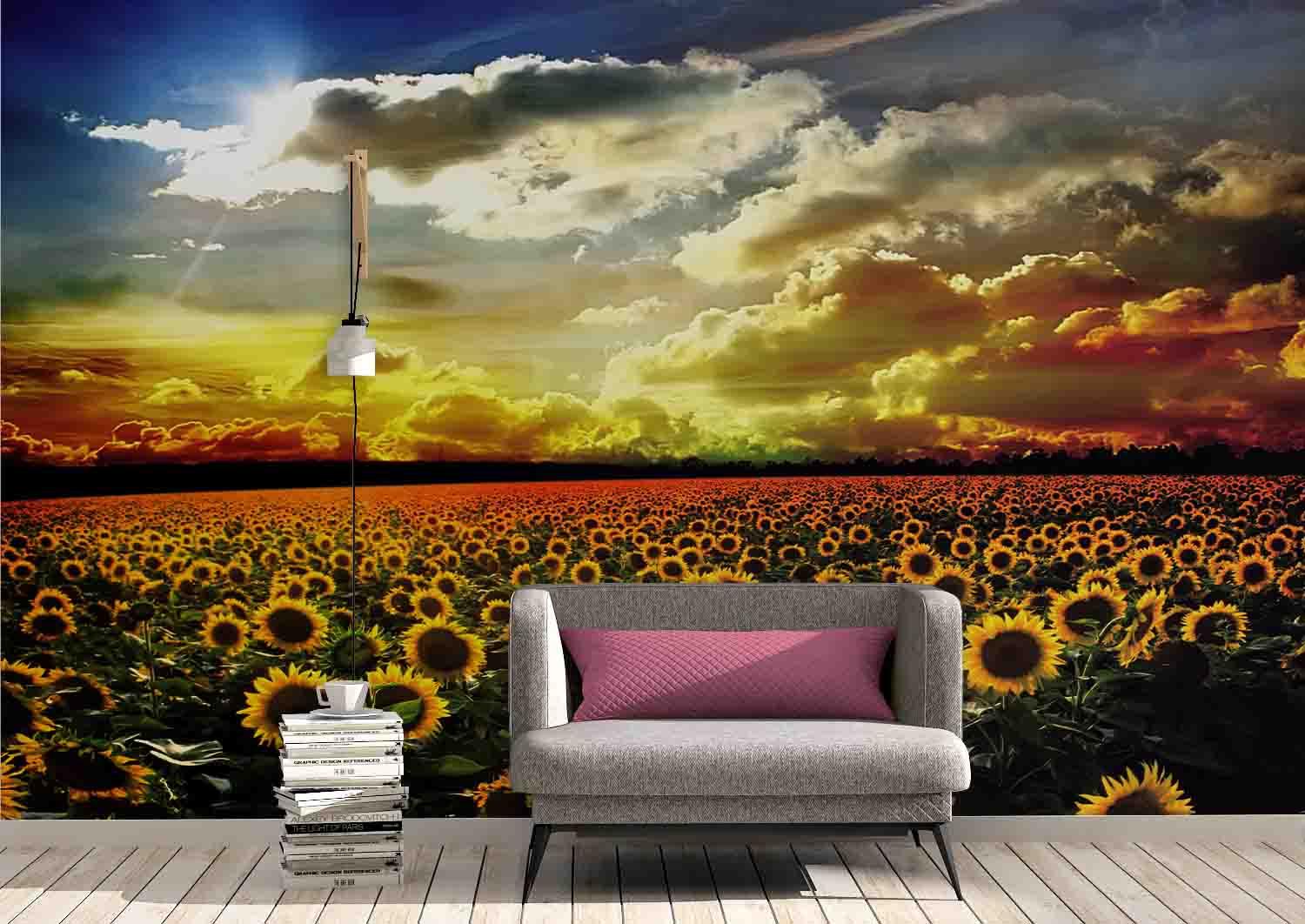 3D Sunflower Field Sky Clouds Wall Mural Wallpaper 117- Jess Art Decoration