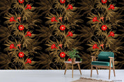 Vintage Red Floral Leaves Plant Pattern Black Wall Mural Wallpaper LXL- Jess Art Decoration