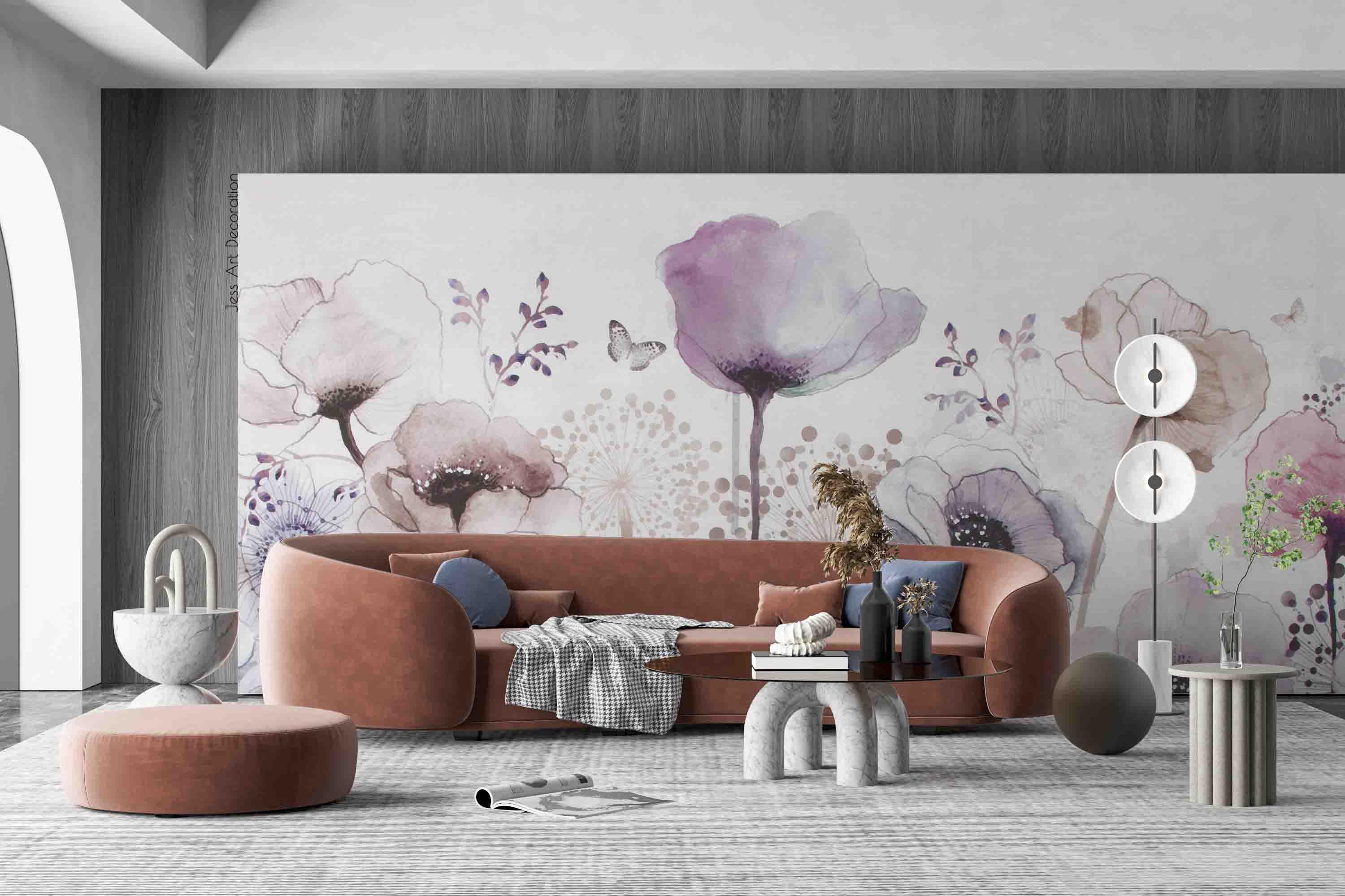 3D Purple Poppy Butterfly Watercolor Wall Mural Wallpaper GD 2808- Jess Art Decoration