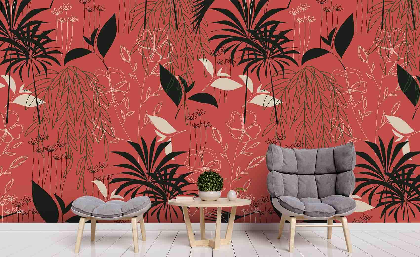 3D Red Floral Leaves Plants Wall Mural Wallpaper SF38- Jess Art Decoration