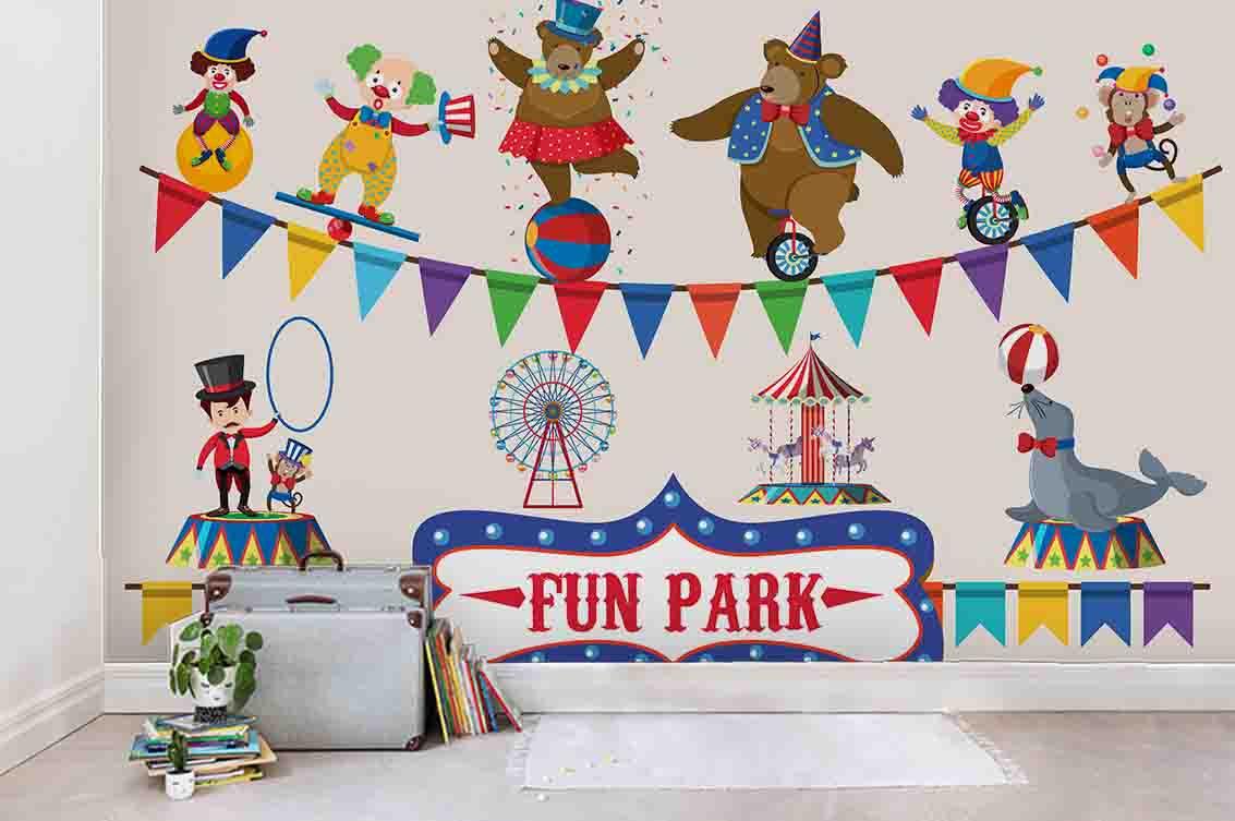 3D Cartoon Circus Bear Ferris Wheel Carousel Seal Wall Mural Wallpaper SF118- Jess Art Decoration