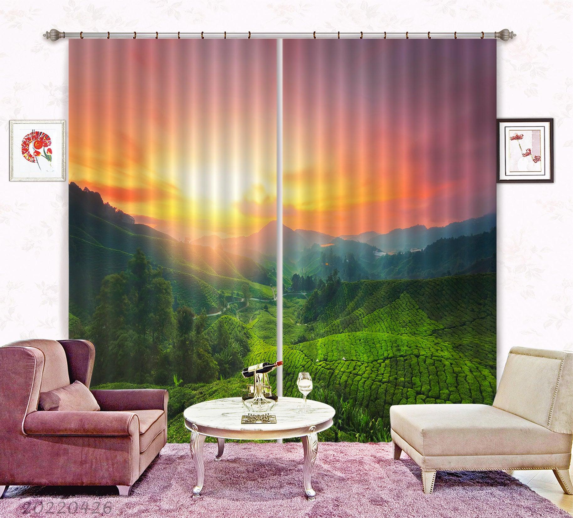 3D Landscape Mountain Tea Plantation Green Tree Sunset Curtains and Drapes GD 4873- Jess Art Decoration
