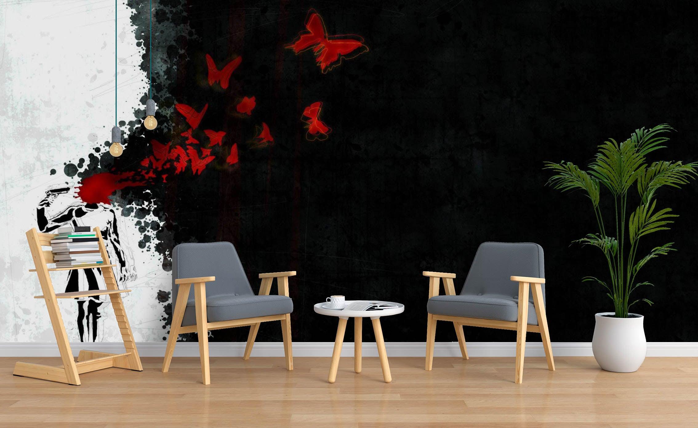 3D Black White Banksy Suicide Red Blood Butterfly Wall Mural Wallpaper ZY D121- Jess Art Decoration