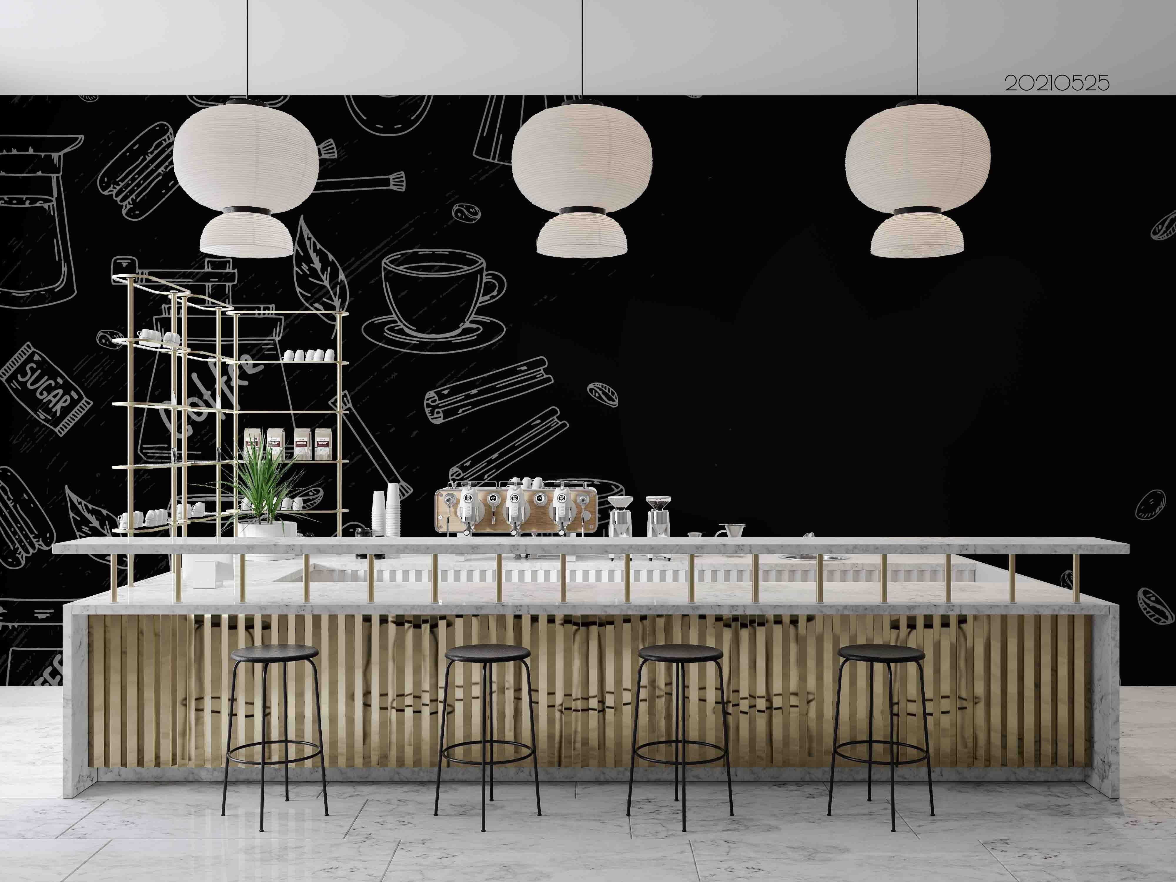 3D Black White Coffee Shop Background  Stick Figure Wall Mural Wallpaper SWW113- Jess Art Decoration