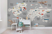 3D Cartoon Grey World Map Wall Mural Wallpaper LQH 97- Jess Art Decoration