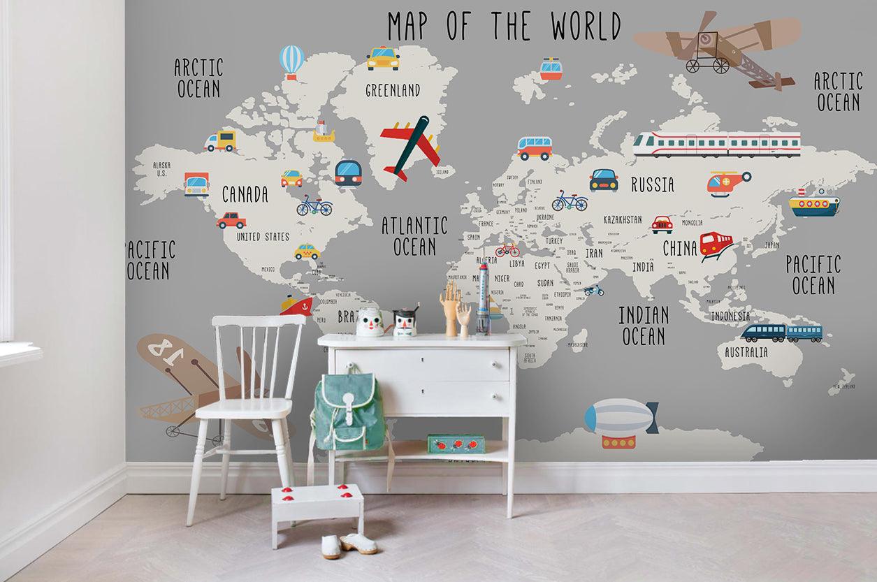 3D Cartoon Grey World Map Wall Mural Wallpaper LQH 97- Jess Art Decoration