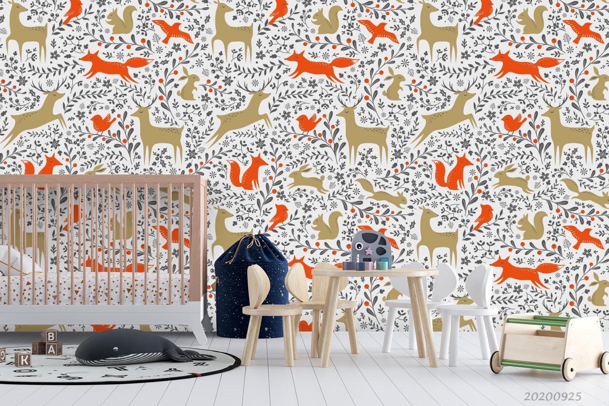 Cartoon Deer Fox Animal Leaves Wall Mural Wallpaper LXL- Jess Art Decoration