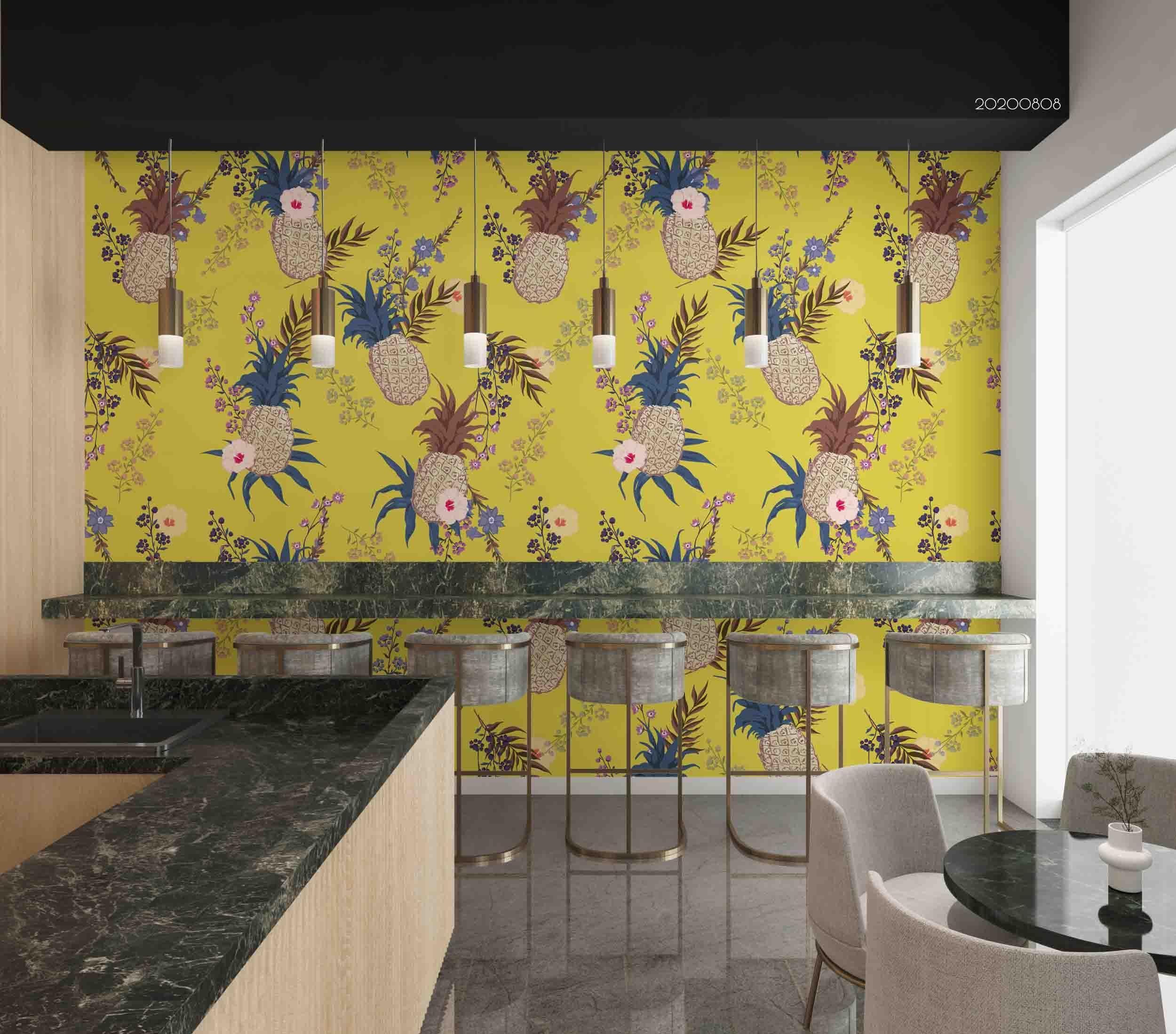 3D Hand Sketching Yellow Floral Pineapple Wall Mural Wallpaper LXL 722- Jess Art Decoration