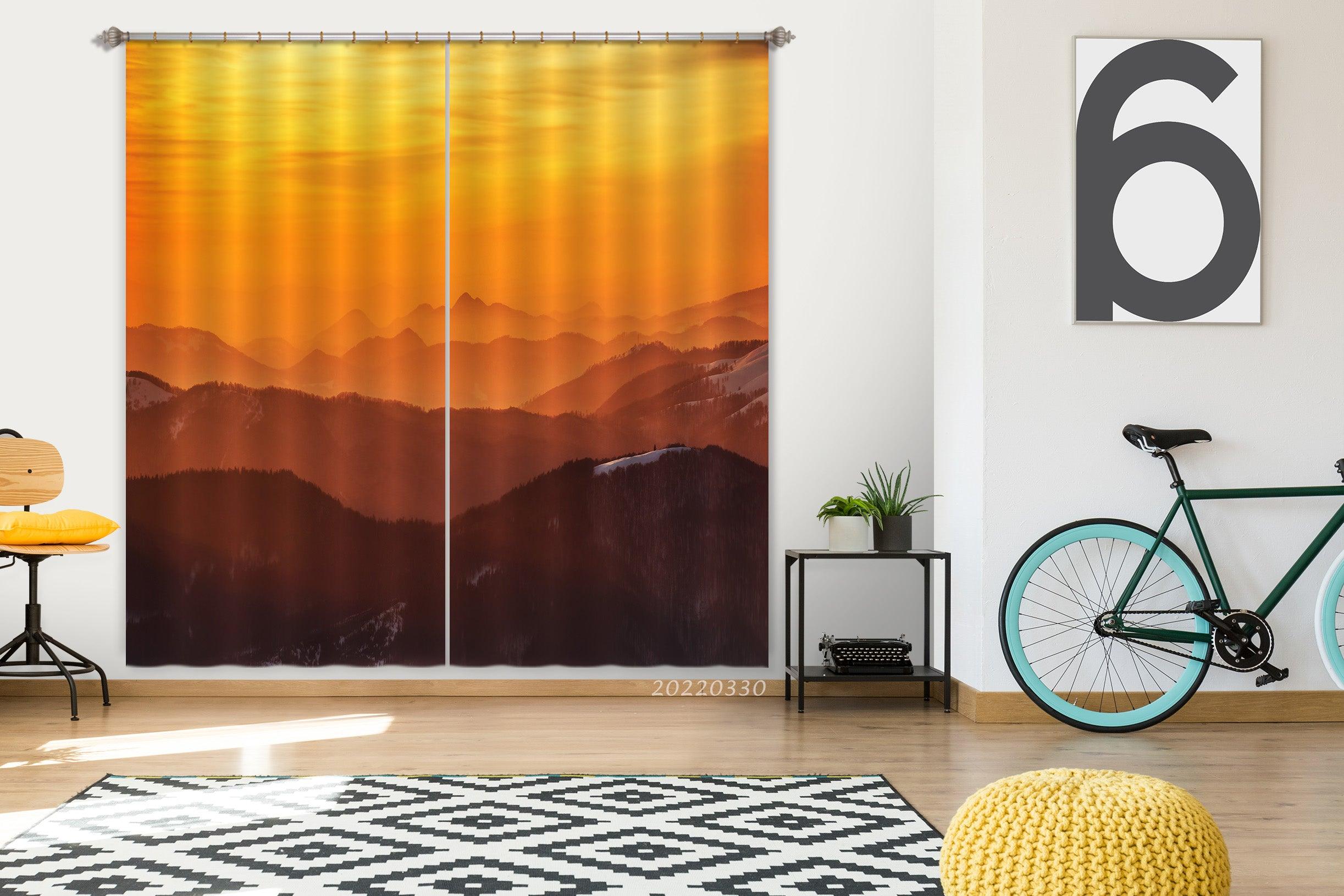 3D Sunset Orange Winter Mountains Curtains and Drapes GD 3602- Jess Art Decoration