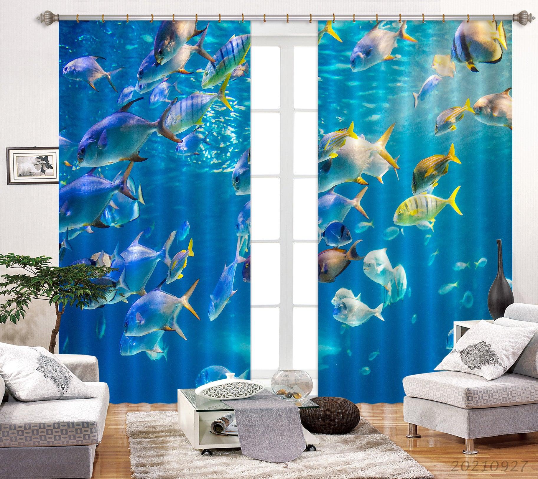 3D Blue Ocean School of Fish Curtains and Drapes LQH 295- Jess Art Decoration