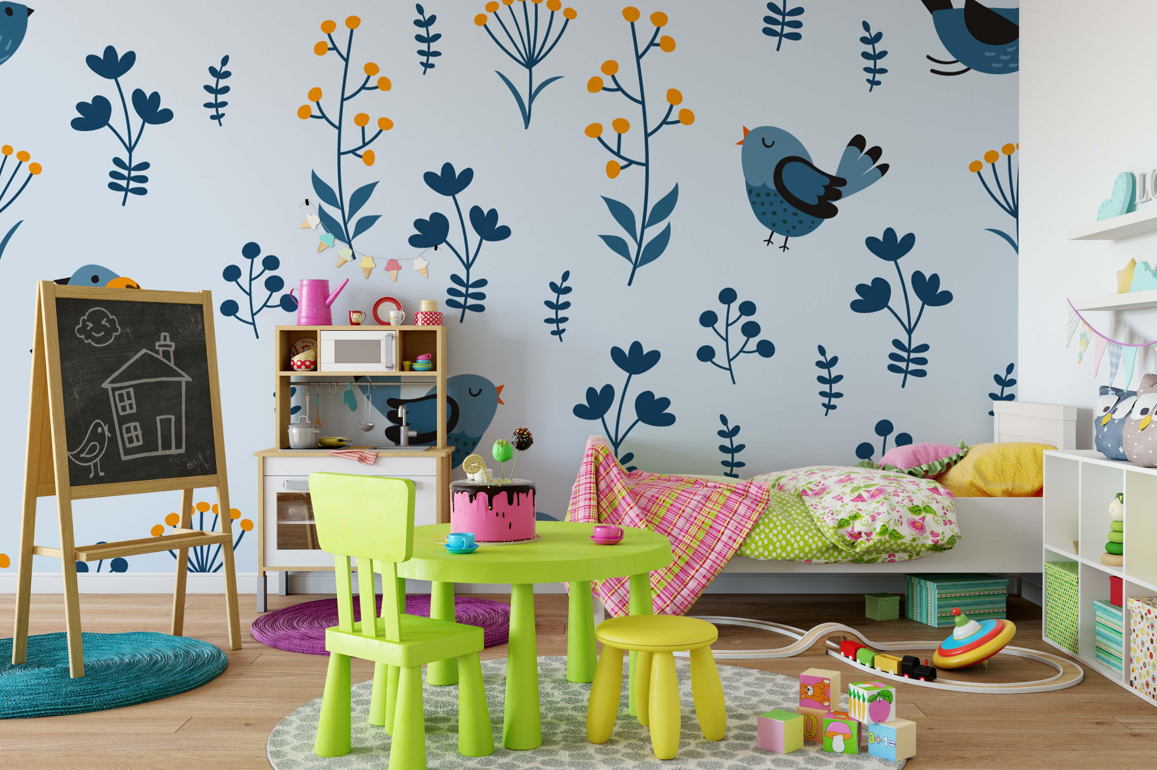 3D Blue Leaf Bird Wall Mural Wallpaper 62- Jess Art Decoration