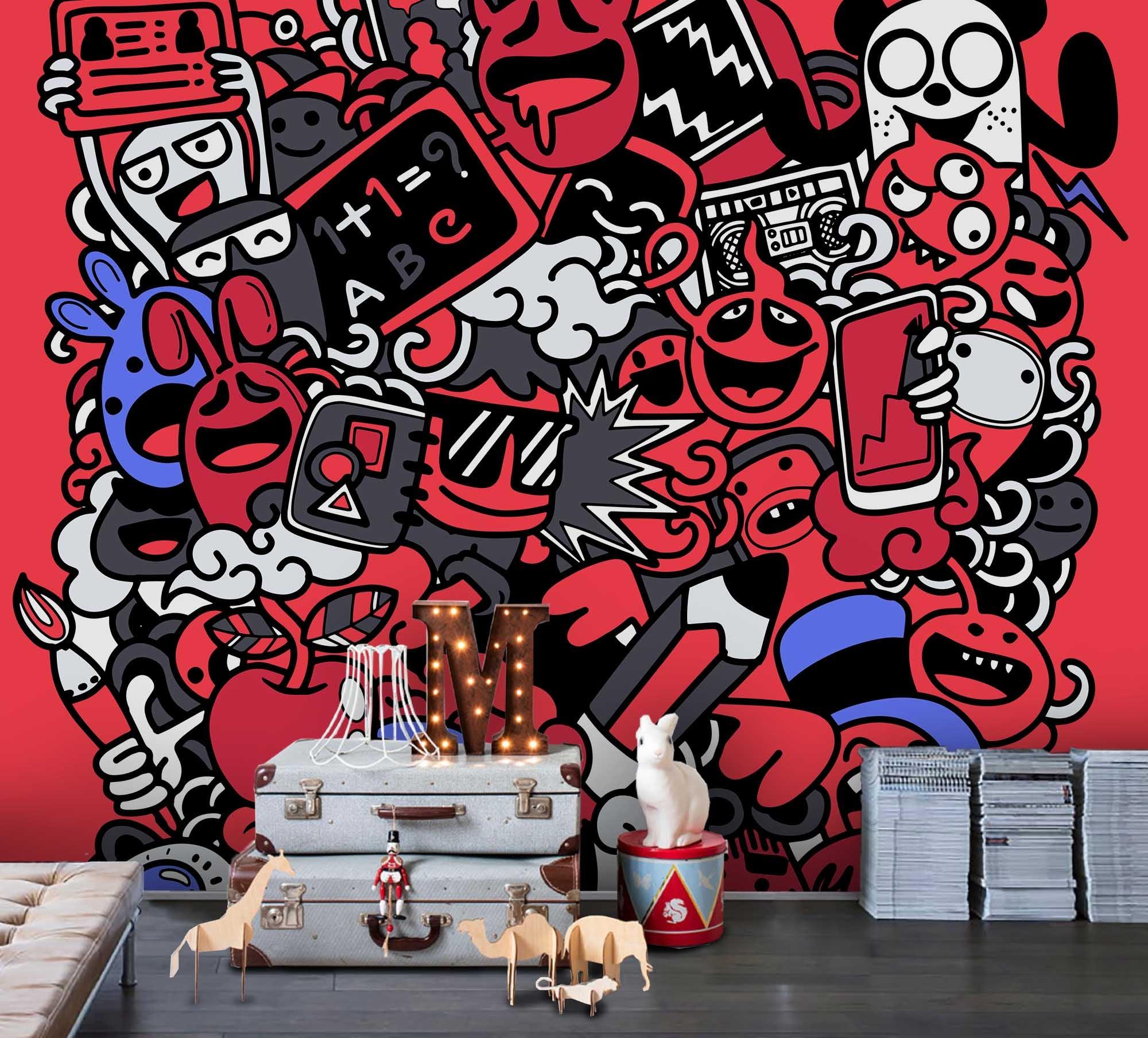 3D Red Cartoon Graffiti Wall Mural Wallpaper SF65- Jess Art Decoration