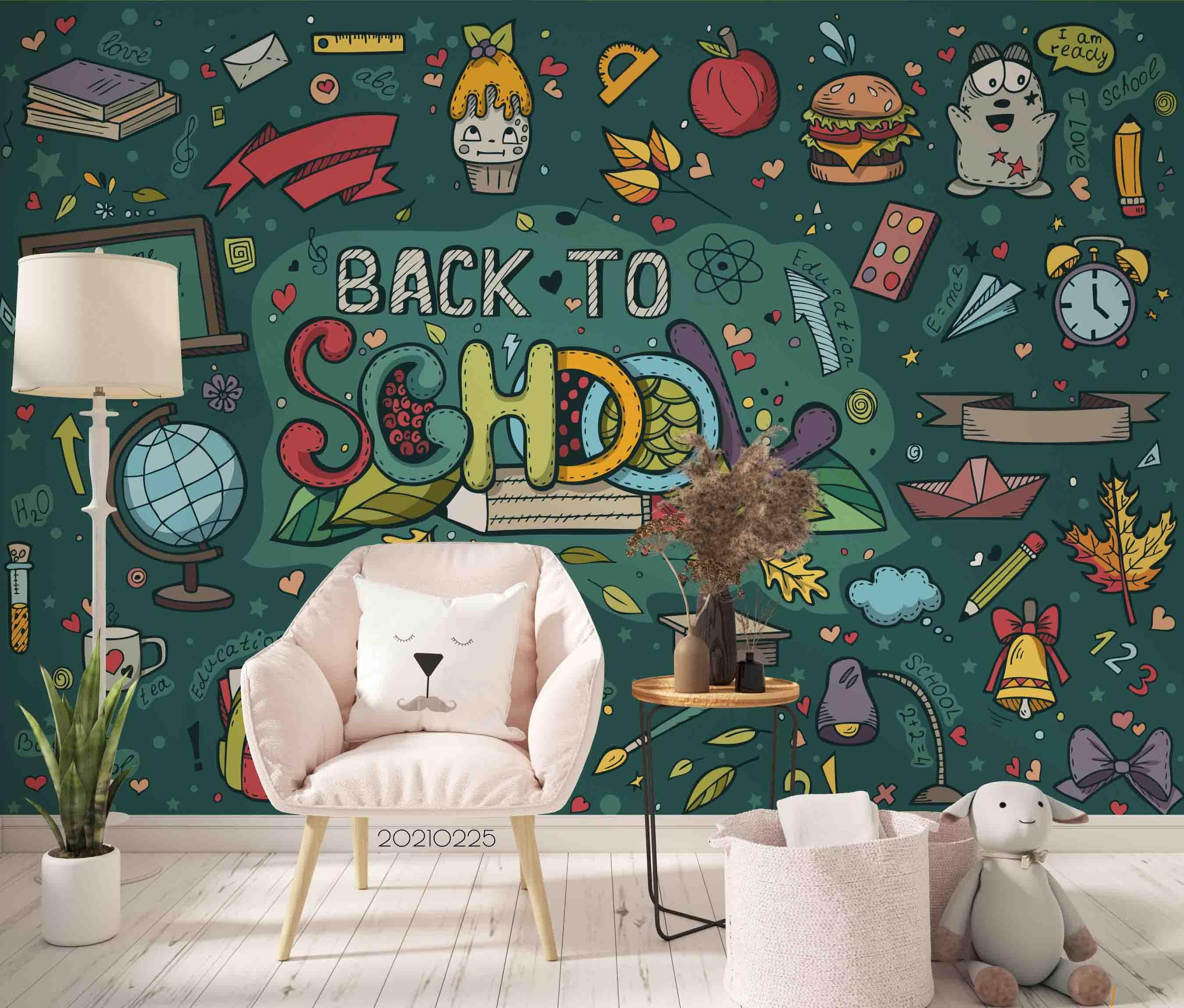 3D Cartoon Green School Food Wall Mural Wallpaper LQH 208- Jess Art Decoration