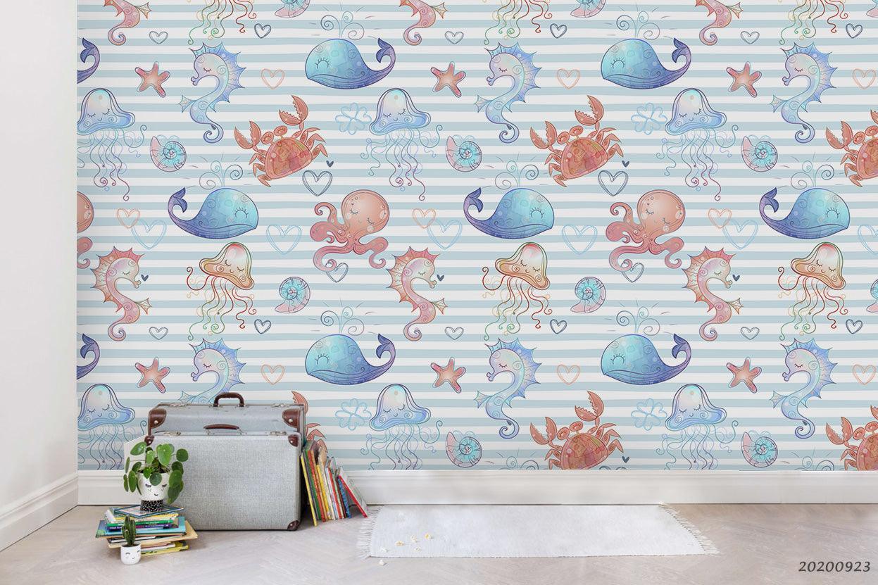 3D Cartoon Crab Whale Starfish Shells Wall Mural Wallpaper WJ 3181- Jess Art Decoration