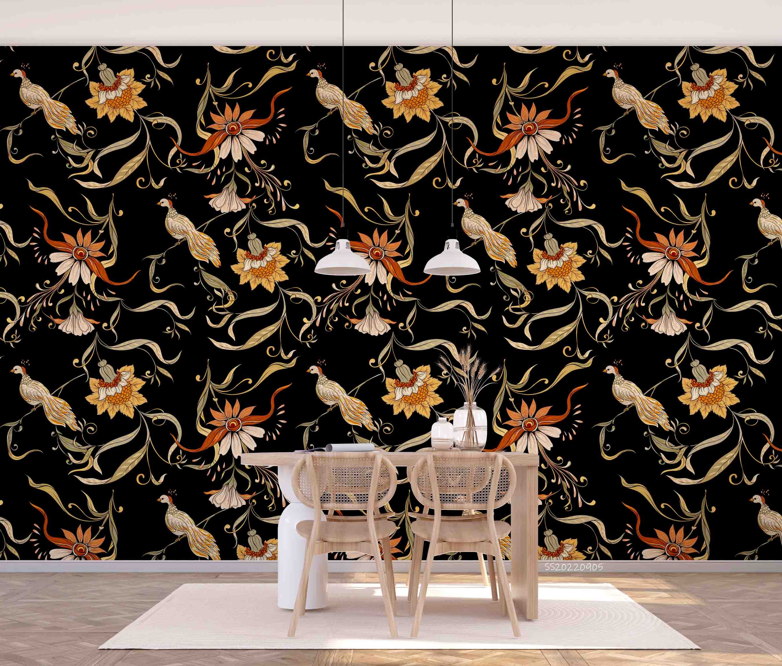 3D Vintage Floral Bird Black Background Wall Mural Wallpaper GD 2625- Jess Art Decoration