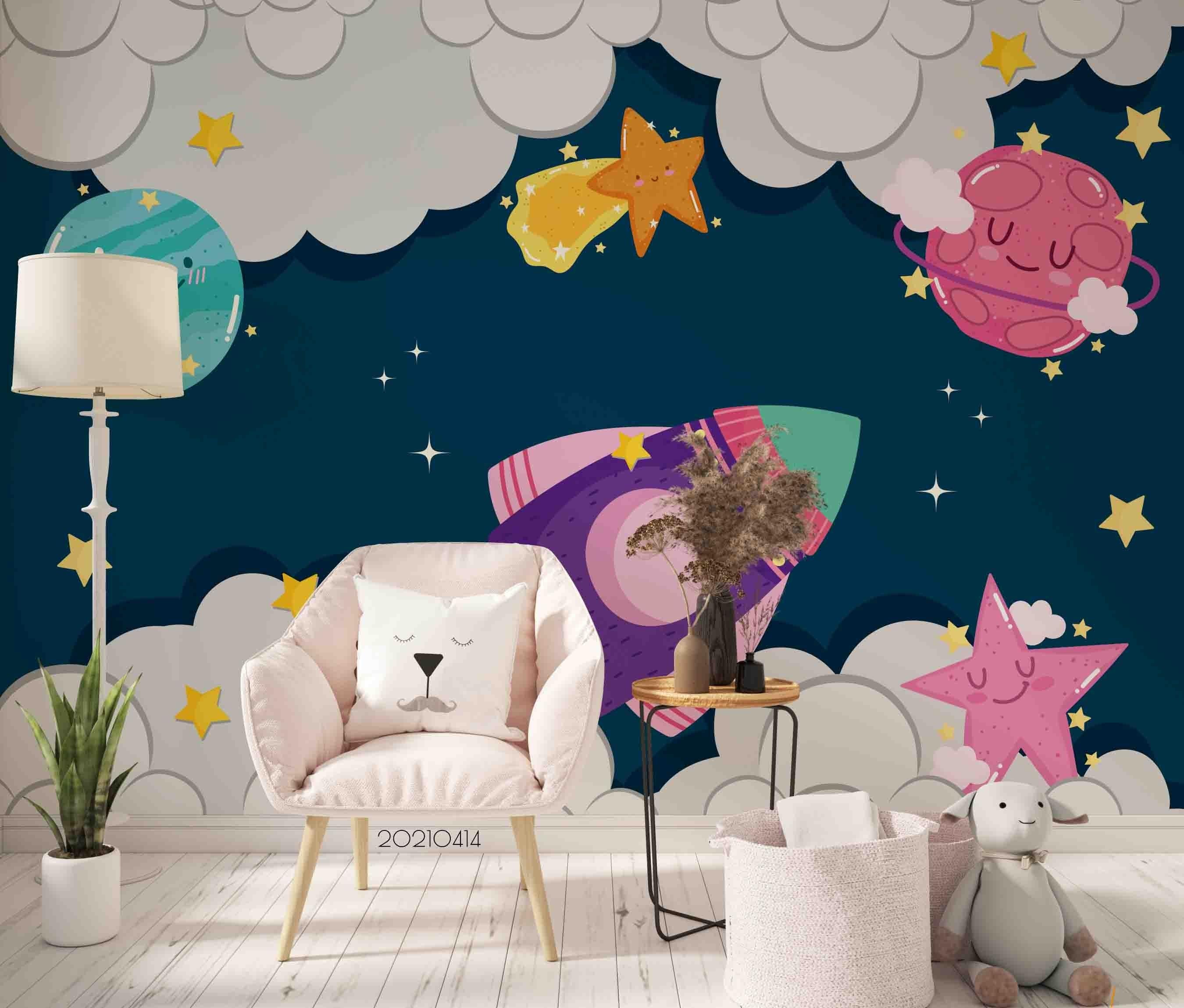 3D Cartoon Space Rocket Planet Wall Mural Wallpaper LQH 233- Jess Art Decoration