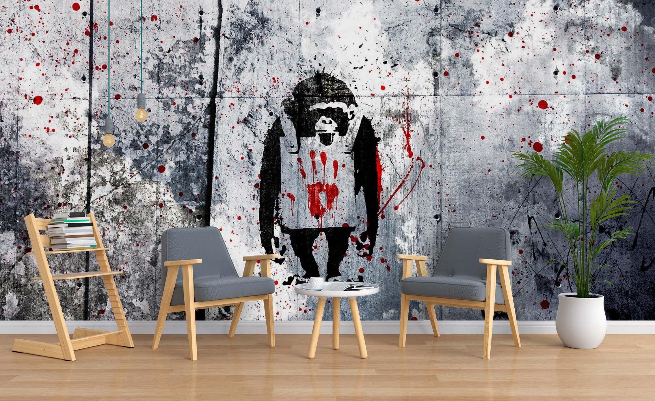 3D Black White Gorilla Banksy Murder Scene Red Blood Wall Mural Wallpaper ZY D122- Jess Art Decoration