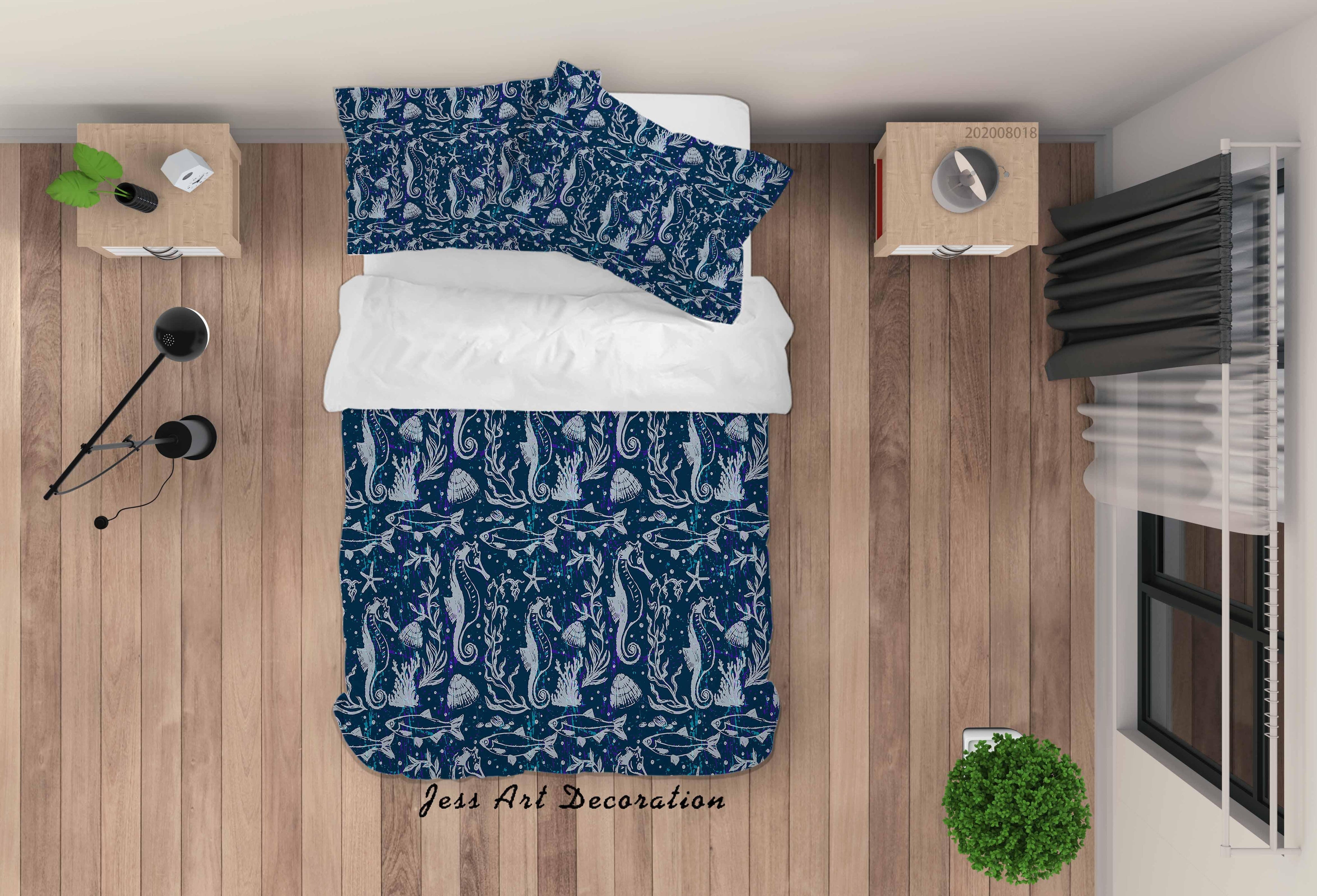 3D Vintage Hippocampus Coral Blue Quilt Cover Set Bedding Set Duvet Cover Pillowcases LXL- Jess Art Decoration