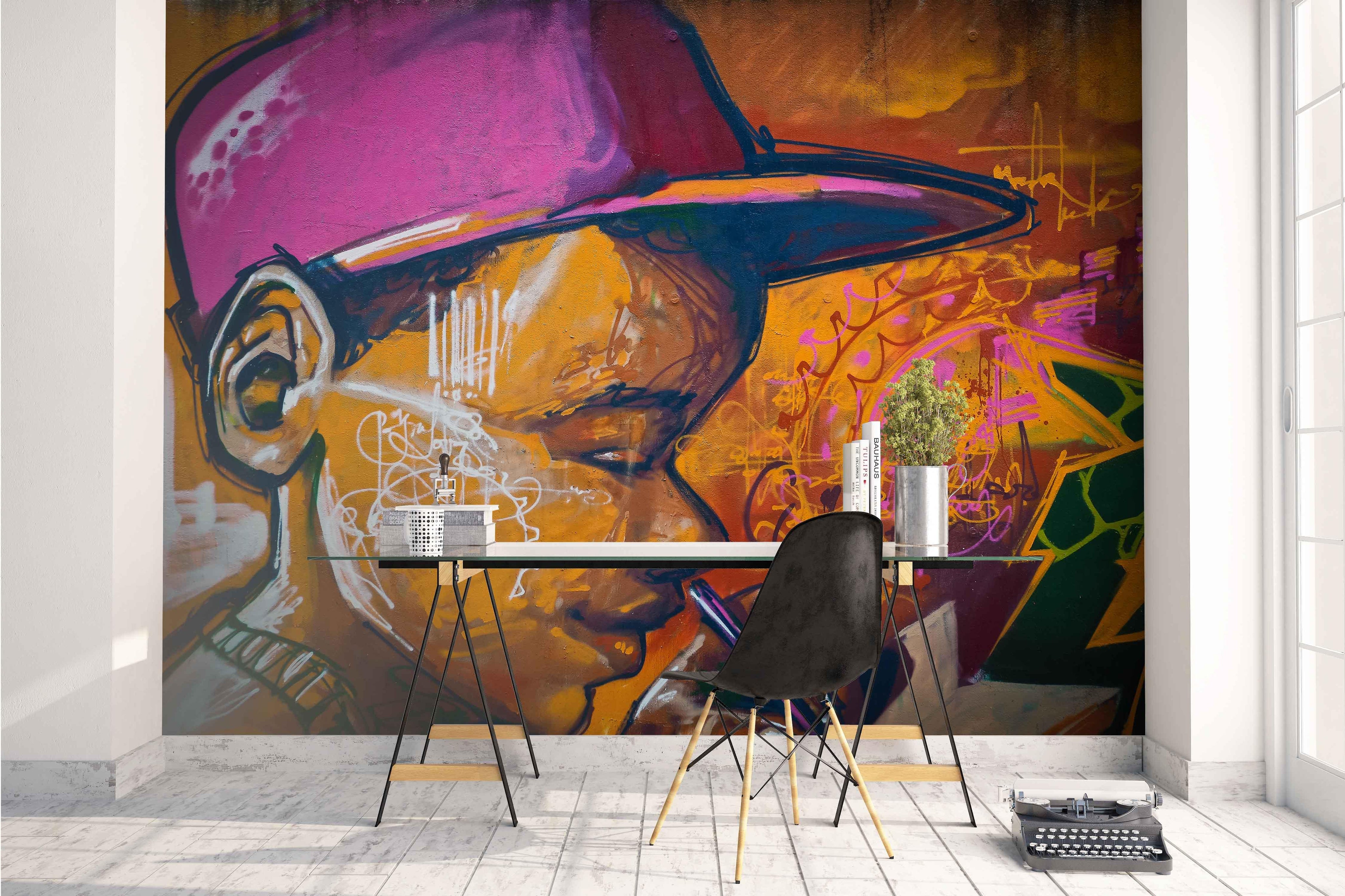 3D Retro Purple Hat Boy Graffiti Wall Mural Wallpaper 175- Jess Art Decoration