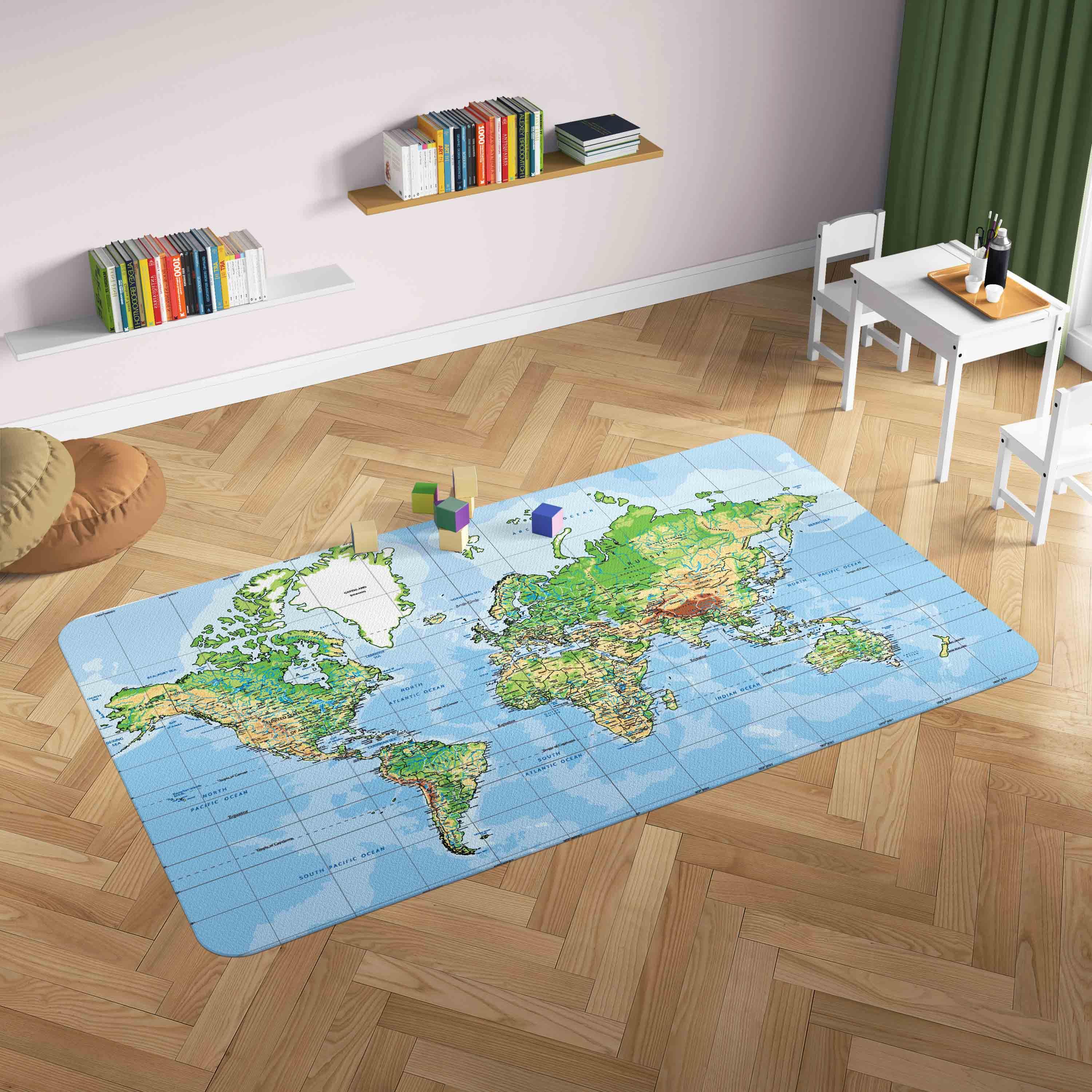 3D World Map Blue Non-Slip Rug Mat 189- Jess Art Decoration
