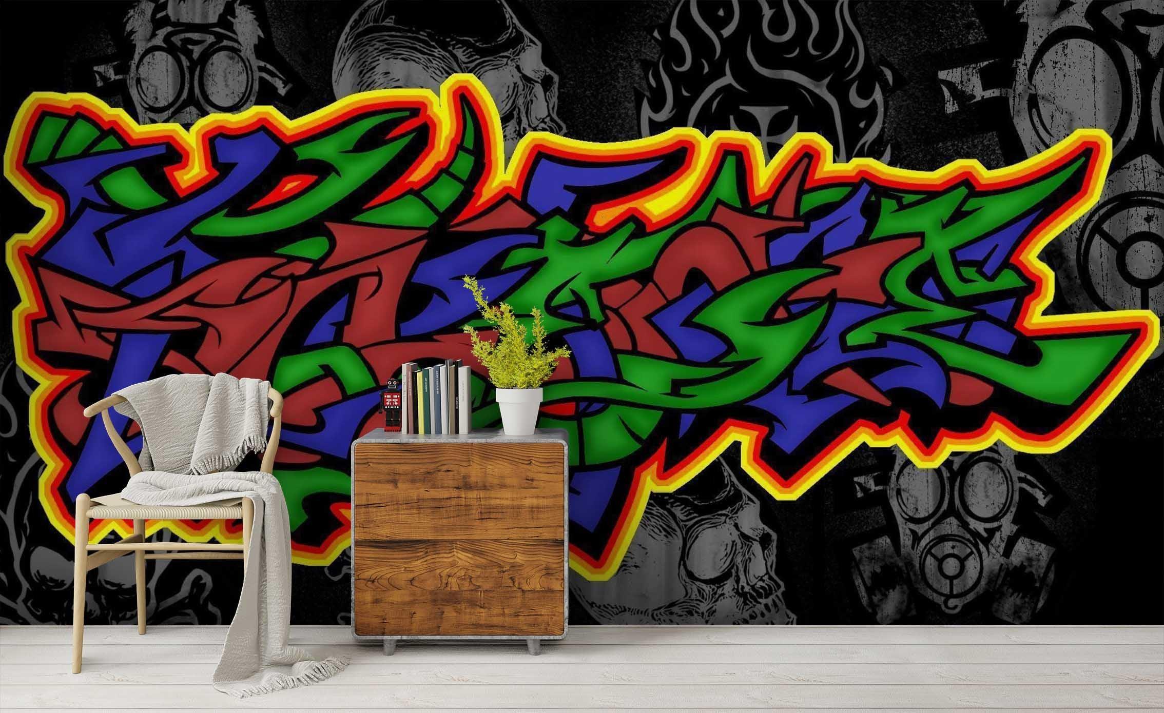 3D Dark Background Skull Colourful Graffiti Art Wall Mural Wallpaper ZY D38- Jess Art Decoration