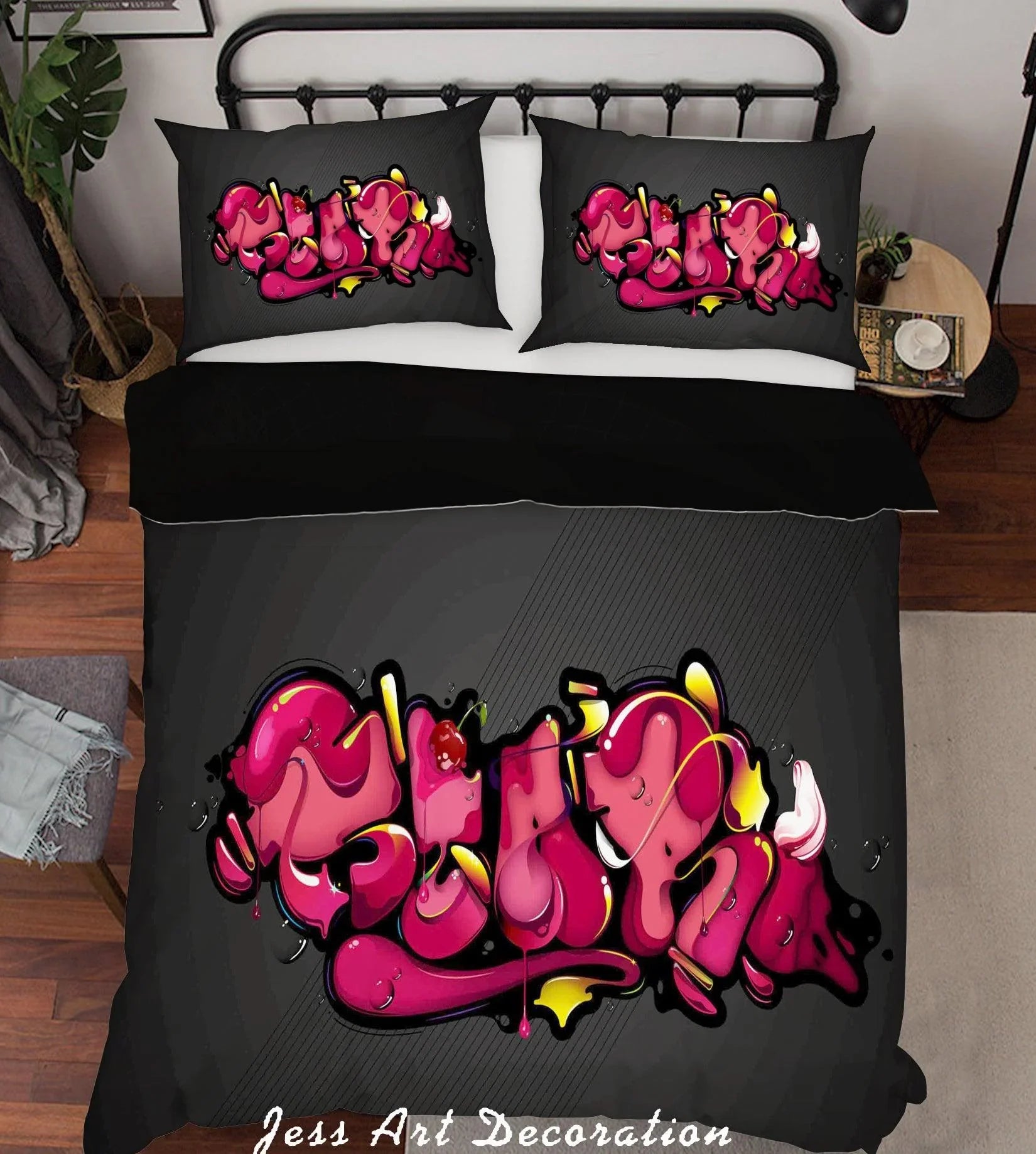 3D Black Pink Graffiti Quilt Cover Set Bedding Set Pillowcases 78- Jess Art Decoration