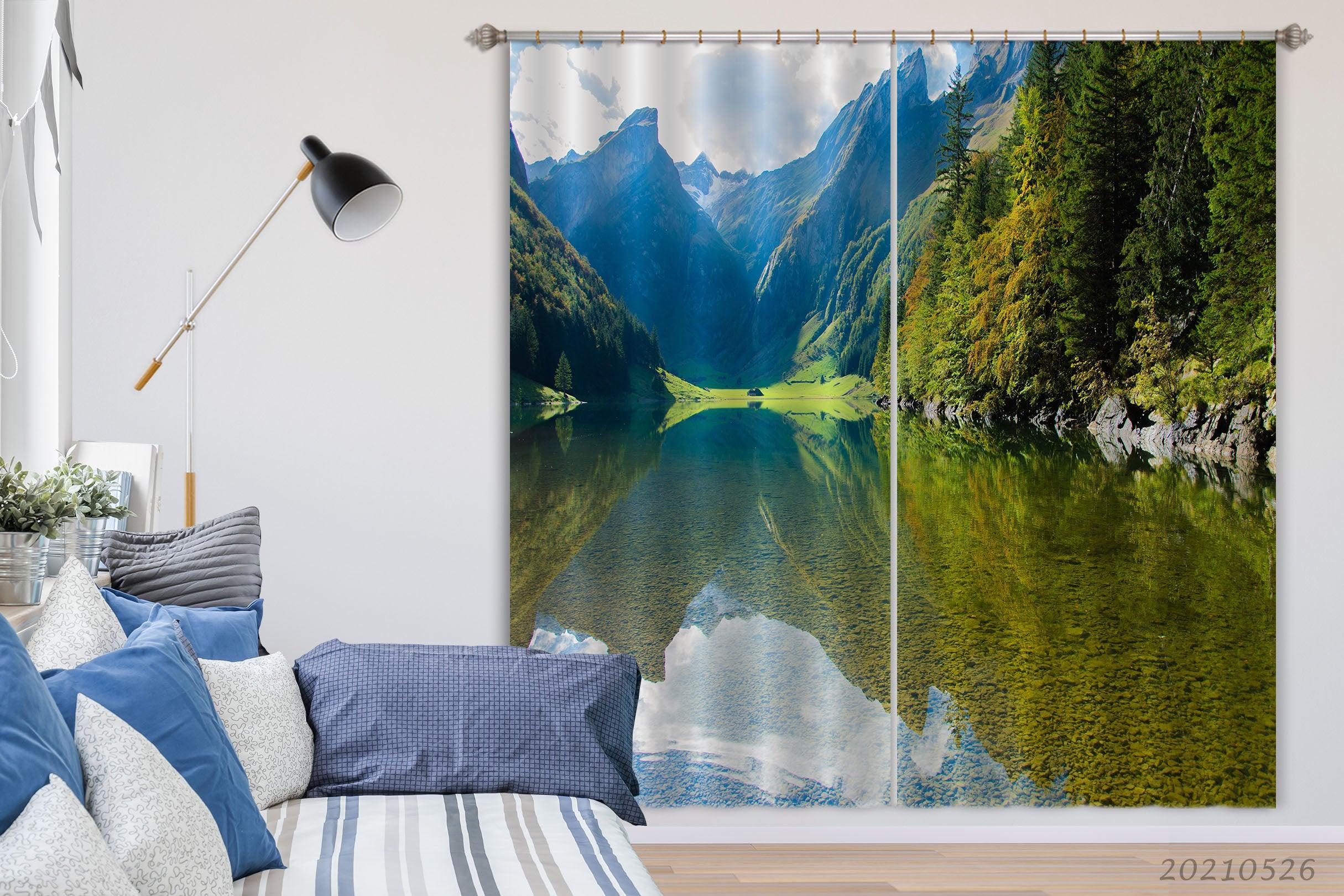 3D Peak Woods River Reflection Landscape Curtains and Drapes GD 313- Jess Art Decoration