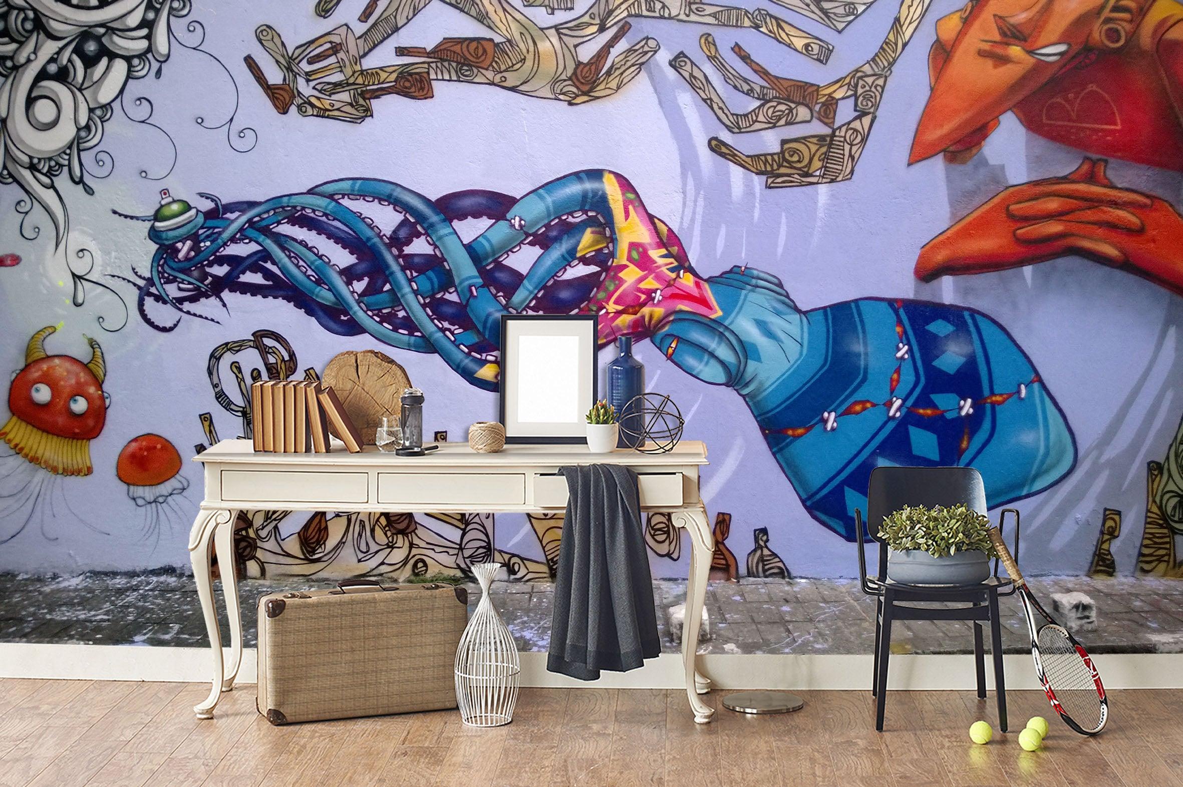 3D Abstract Blue Octopus Graffiti Wall Mural Wallpaper 79- Jess Art Decoration