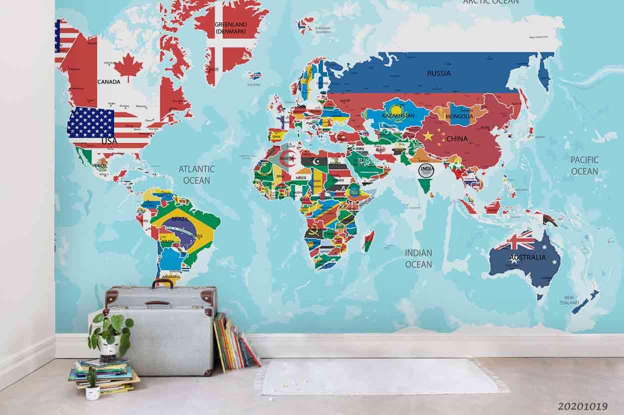 3D Map World Flags Countries Flowers Wall Mural Wallpaper WJ 9438- Jess Art Decoration