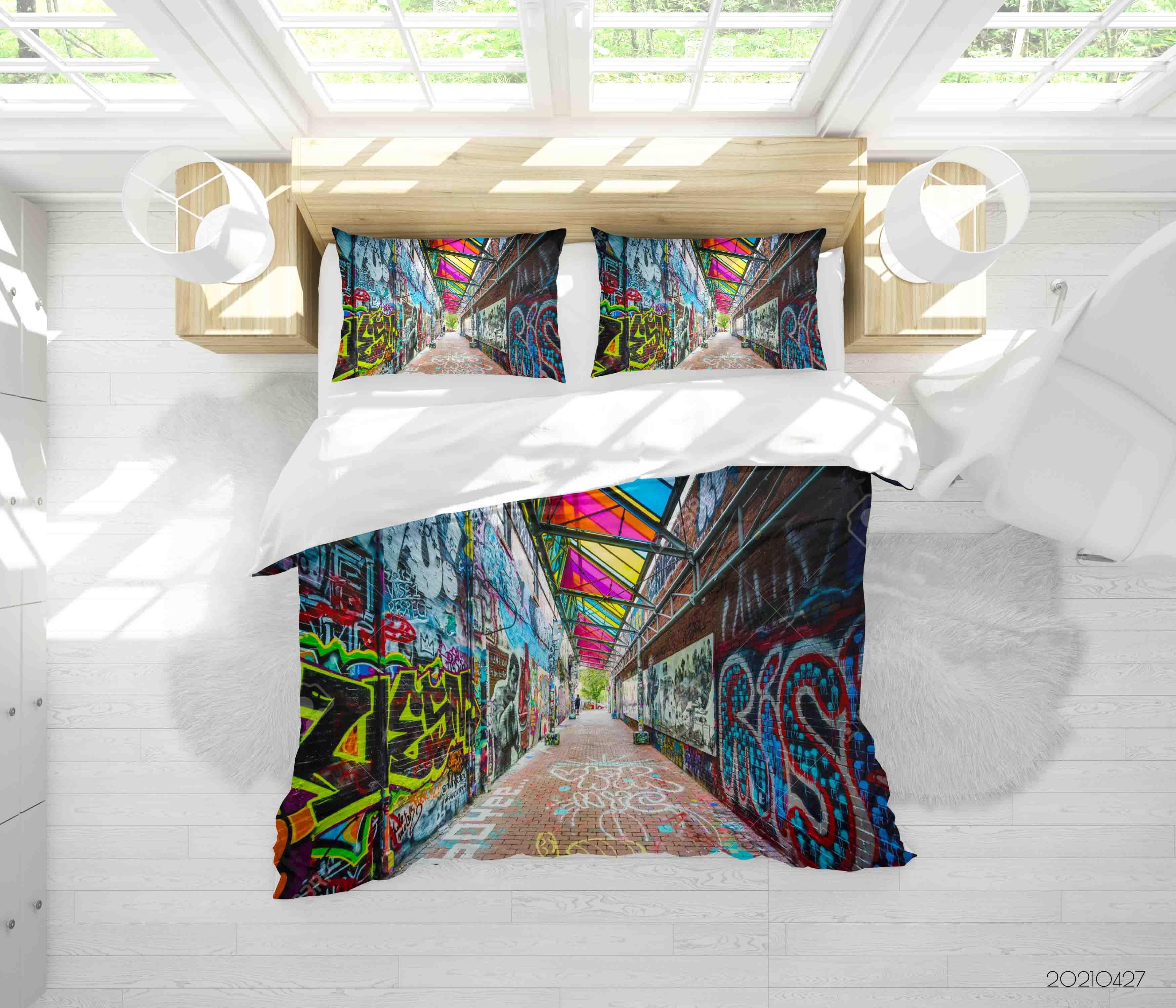 3D Abstract Colored Street Graffiti Quilt Cover Set Bedding Set Duvet Cover Pillowcases 50- Jess Art Decoration