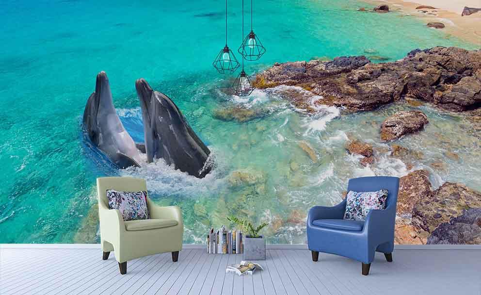 3D Blue Sea Dolphin Rock Wall Mural Wallpaper 134- Jess Art Decoration